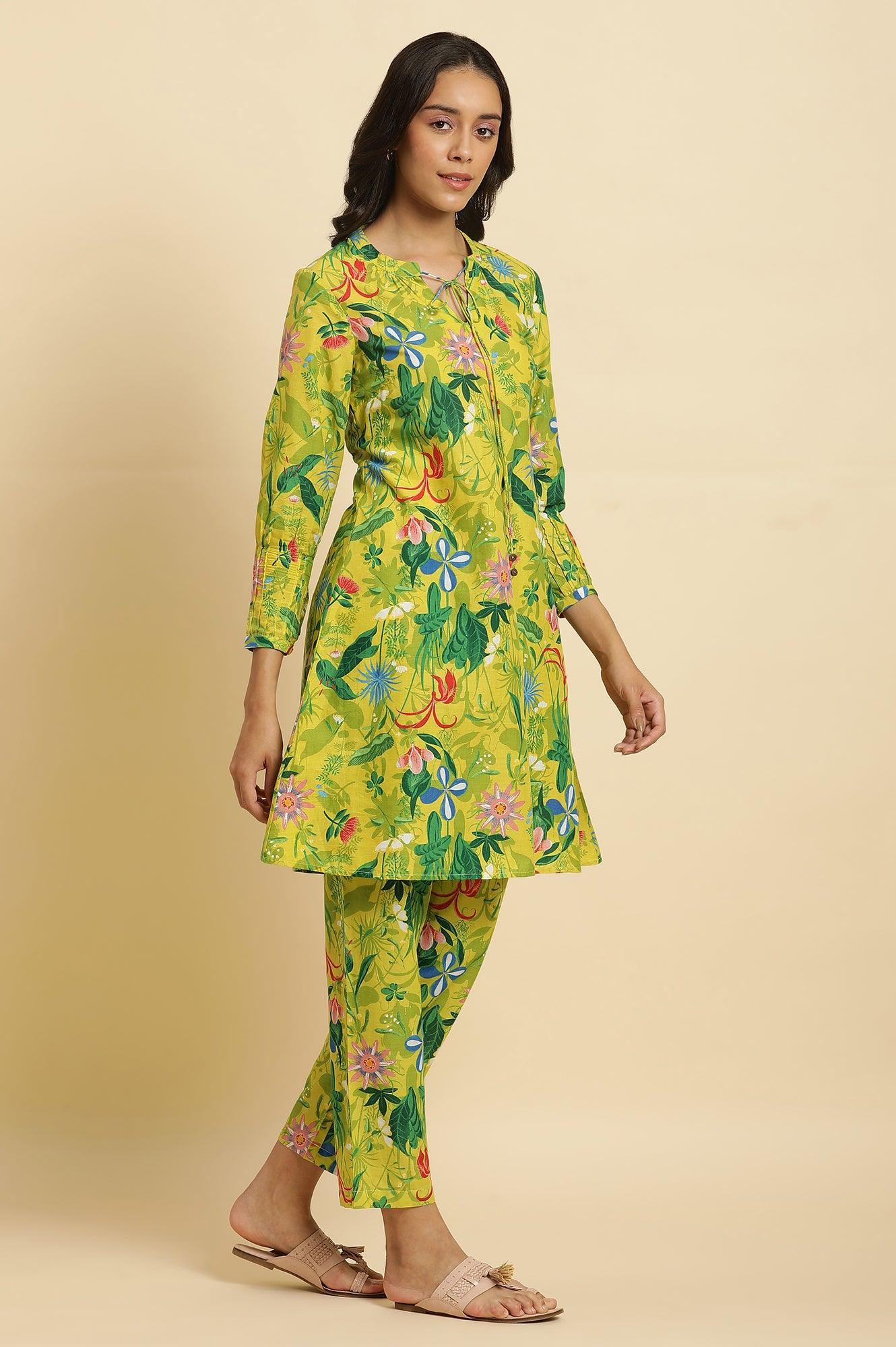 Green Floral Printed A-Line Kurta & Pants Co-Ord Set - Image 6