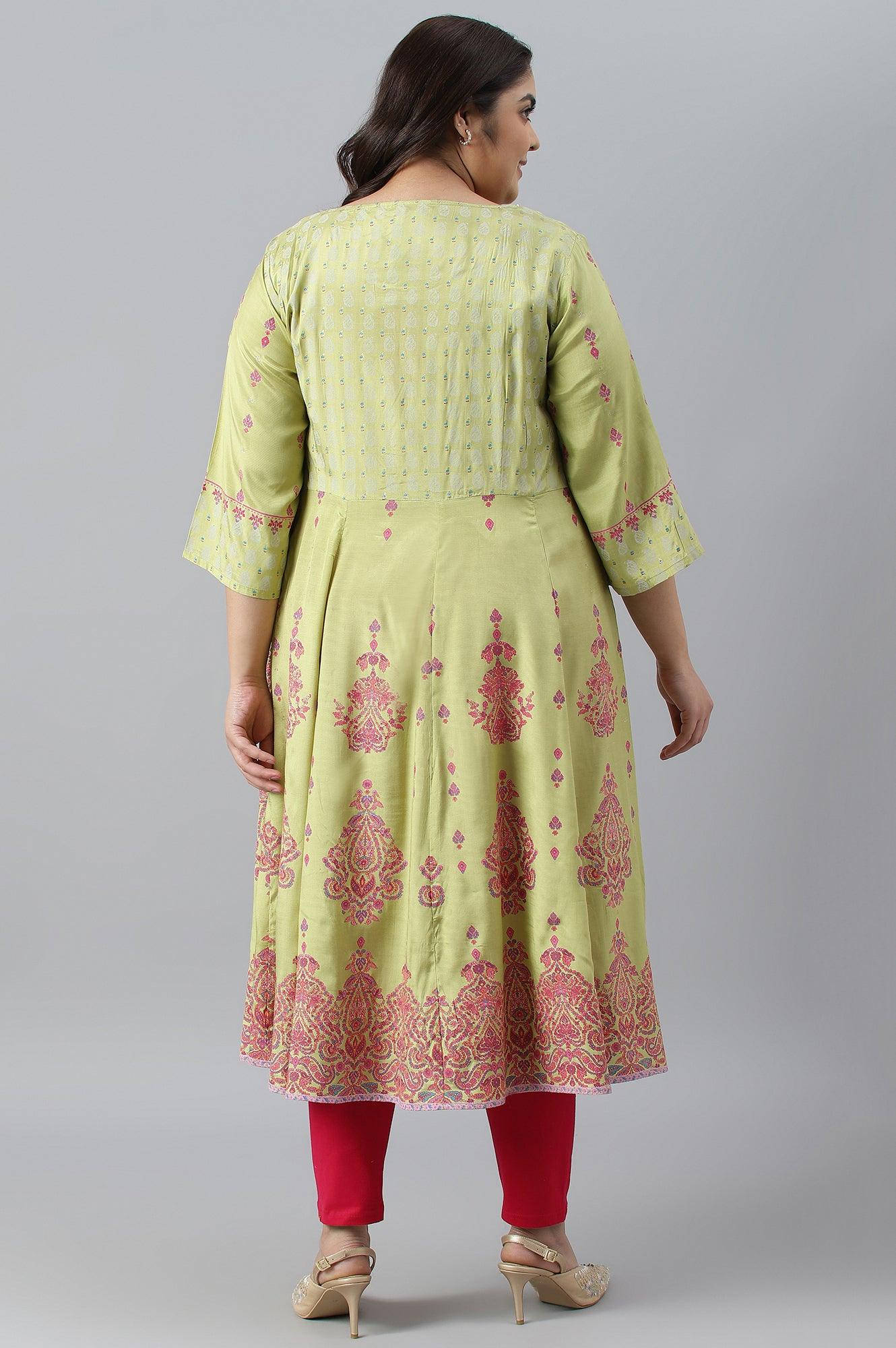 Green Floral Printed And Embellished Festive Plus Size kurta - Image 2
