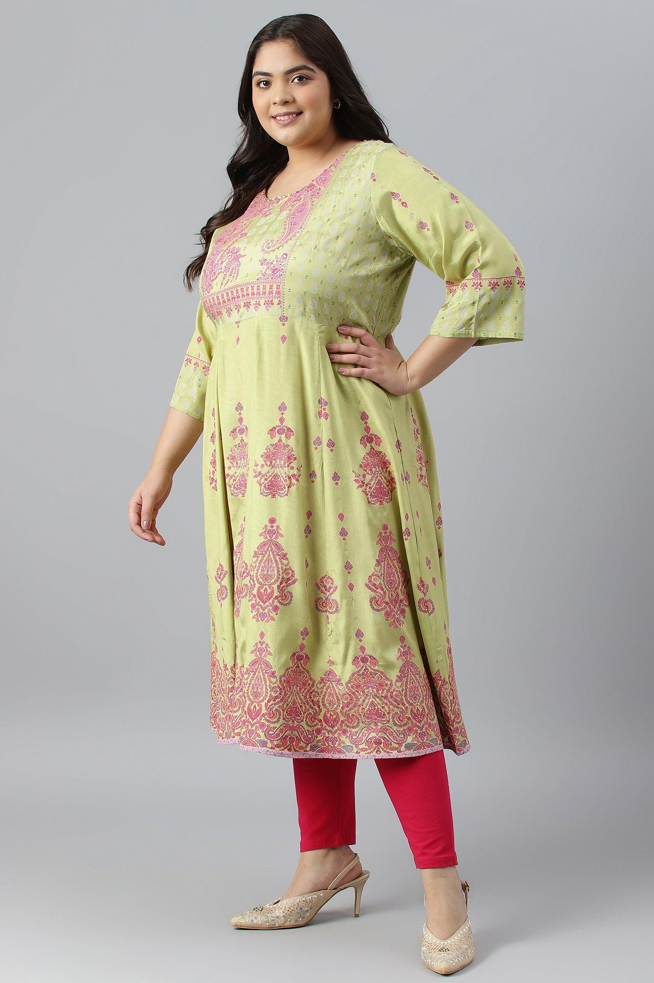 Green Floral Printed And Embellished Festive Plus Size kurta - Image 3