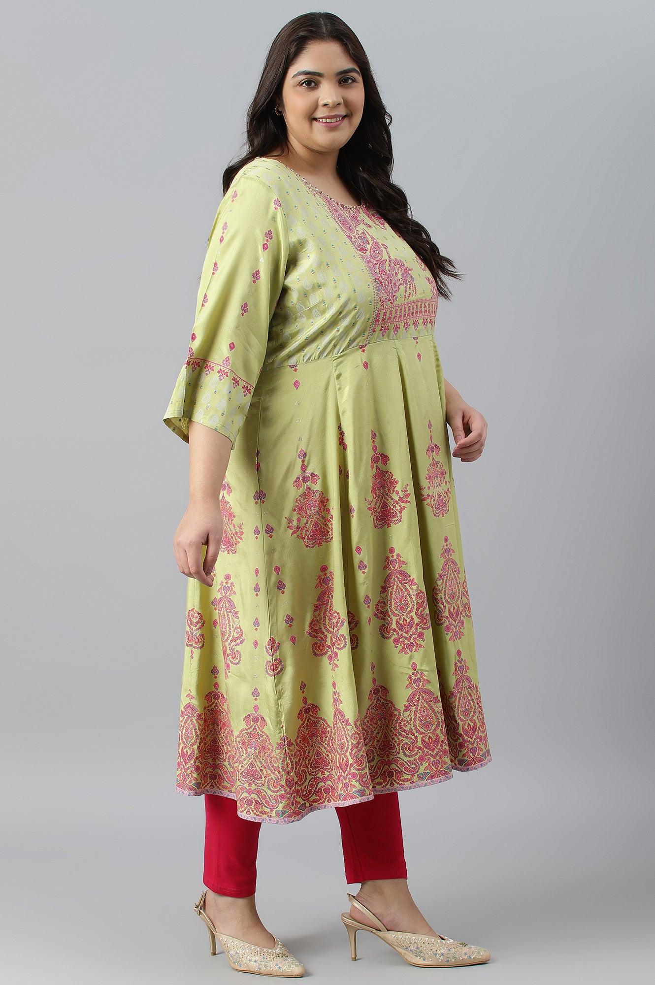 Green Floral Printed And Embellished Festive Plus Size kurta - Image 4