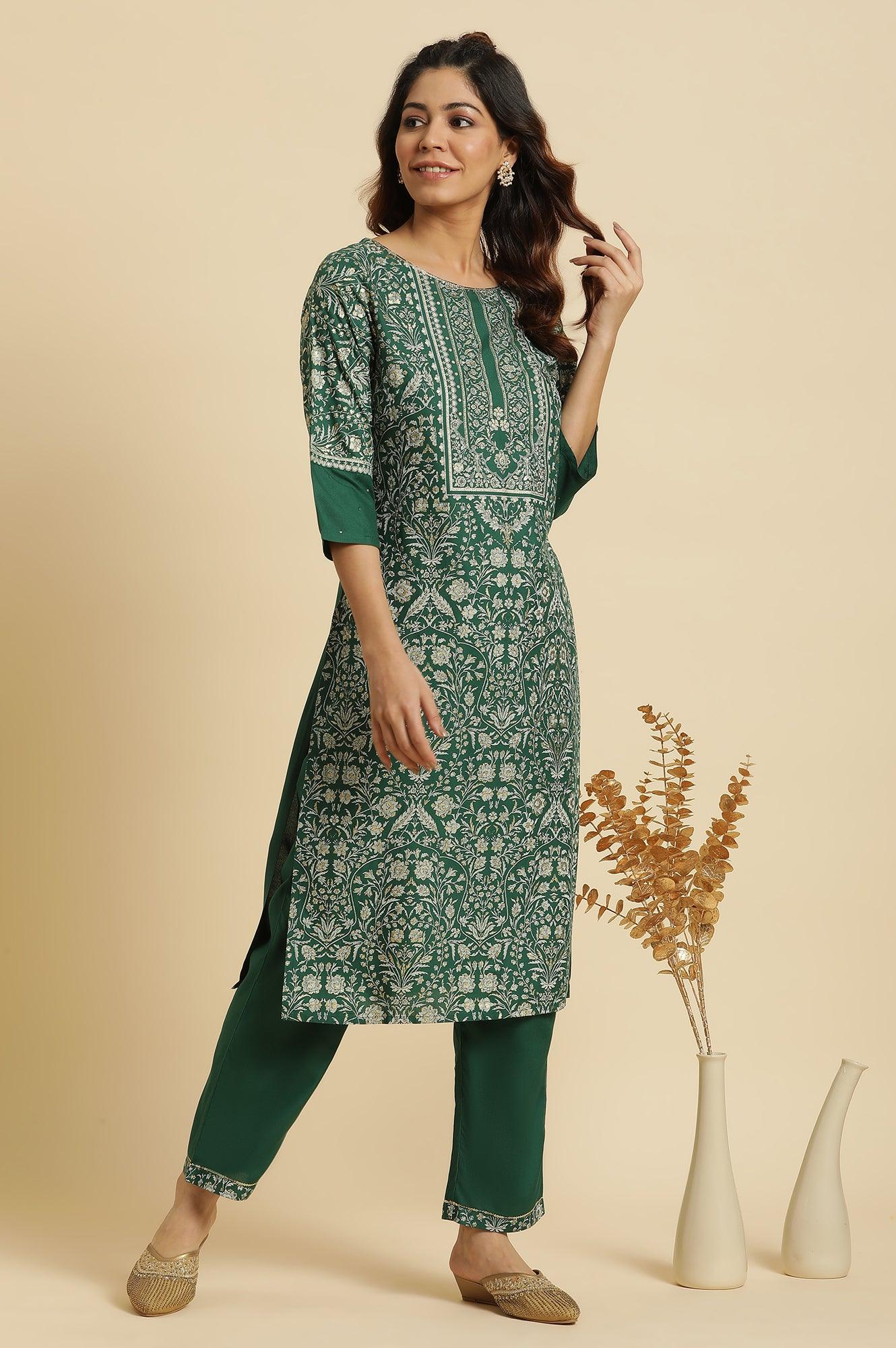 Green Floral Printed Embellished Kurta