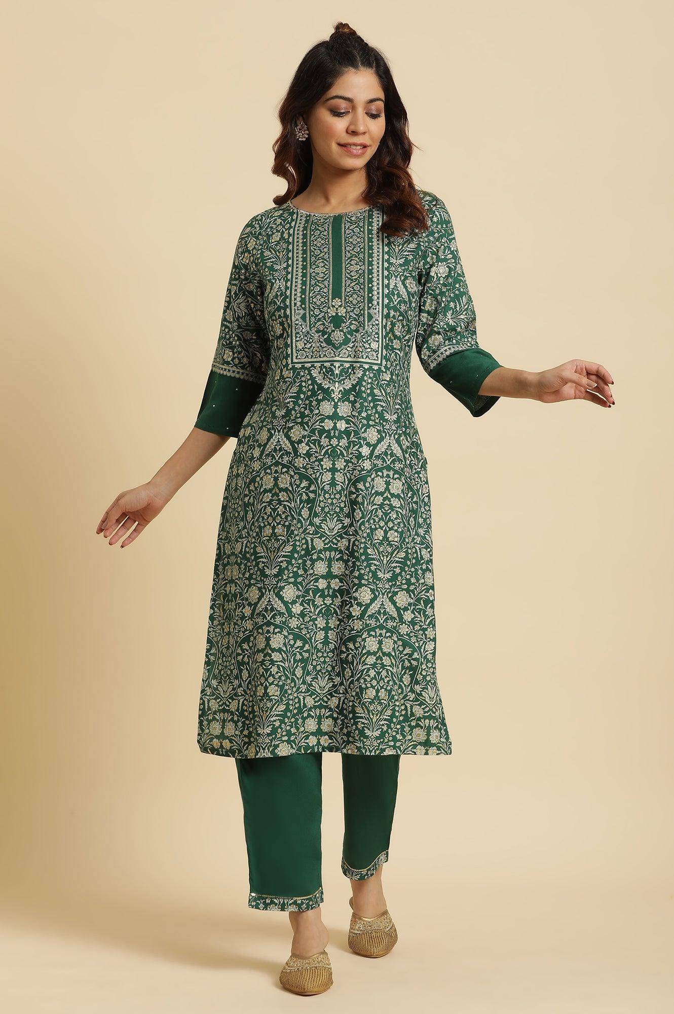 Green Floral Printed Embellished Kurta - Image 2