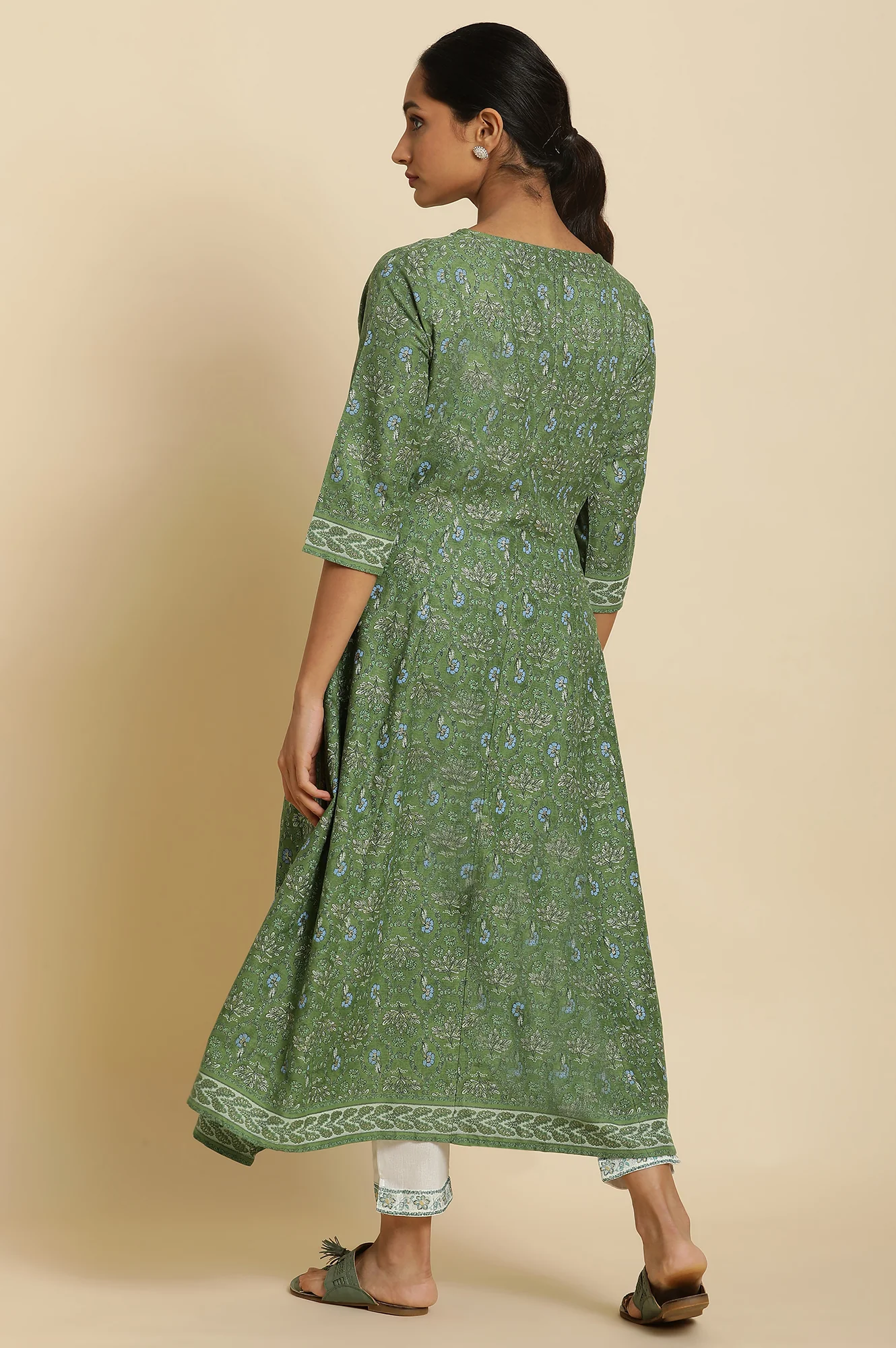 Green Floral Printed Embroidered Anarkali Kurta with Straight Pant Set - Image 3