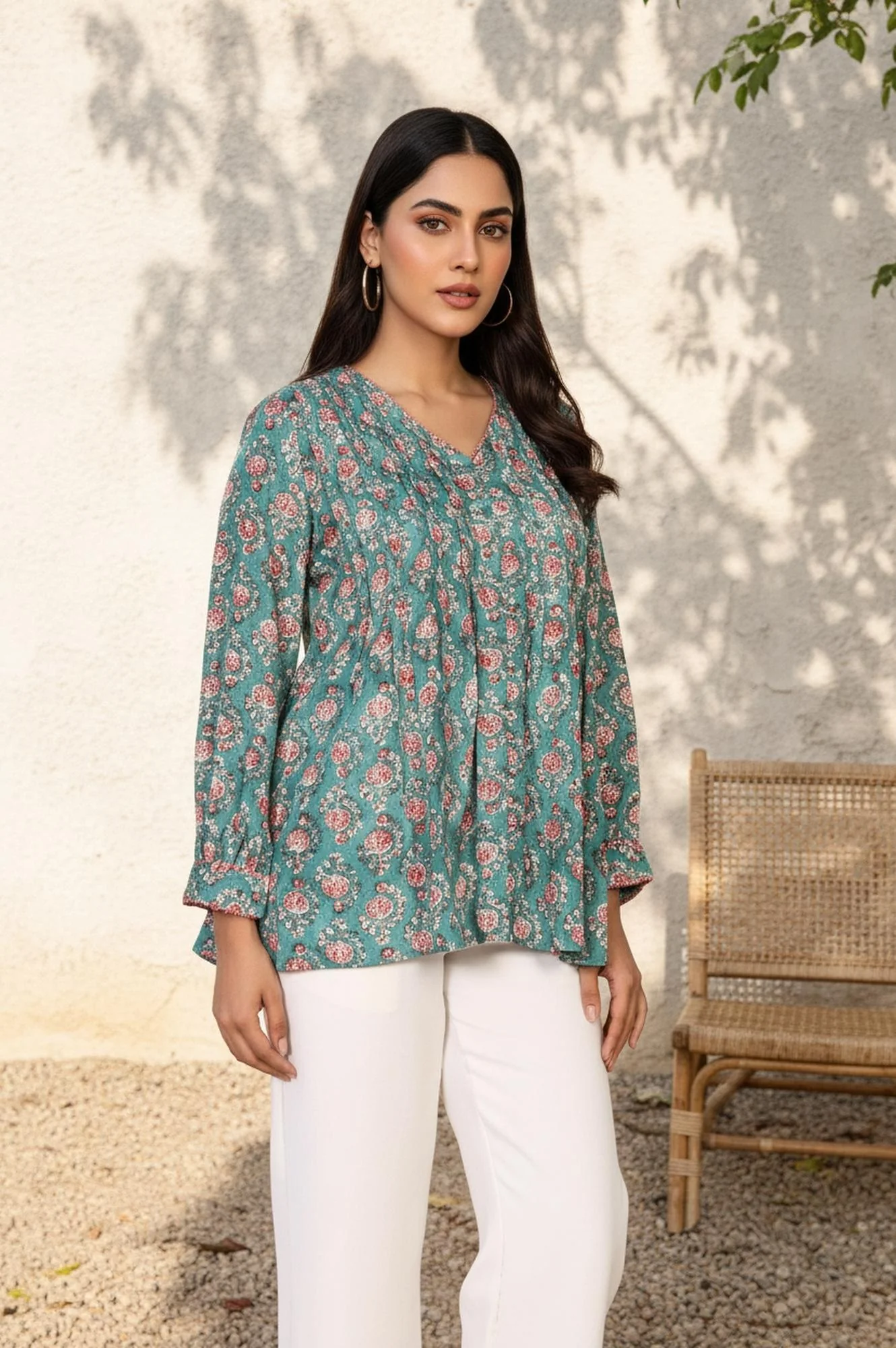 Green Floral Printed Flared Cotton Top - Image 6