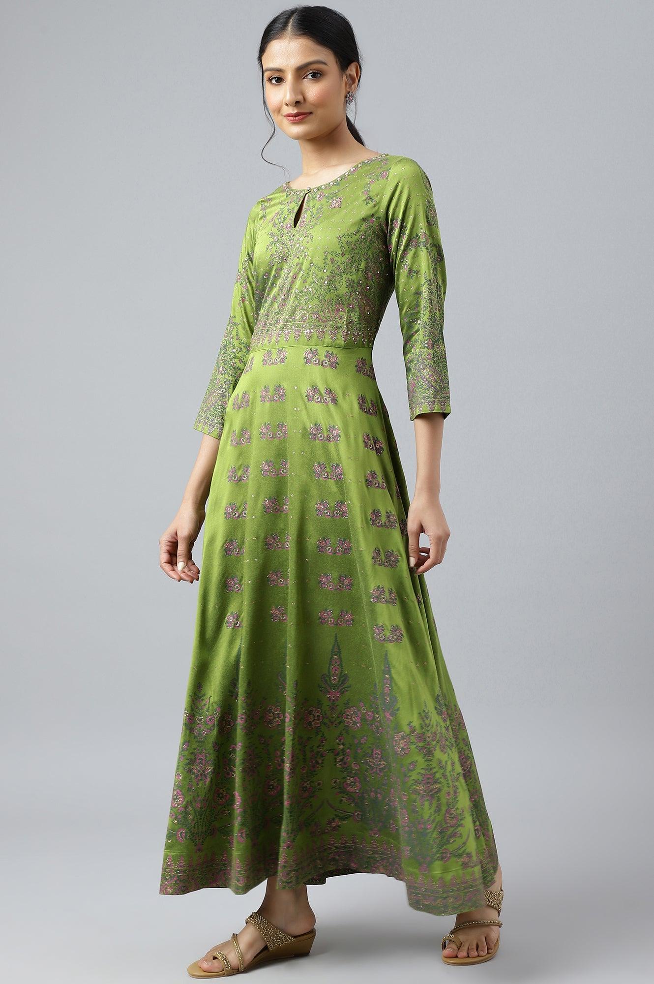 Green Floral Printed Embellished Indie Festive Dress - Image 3