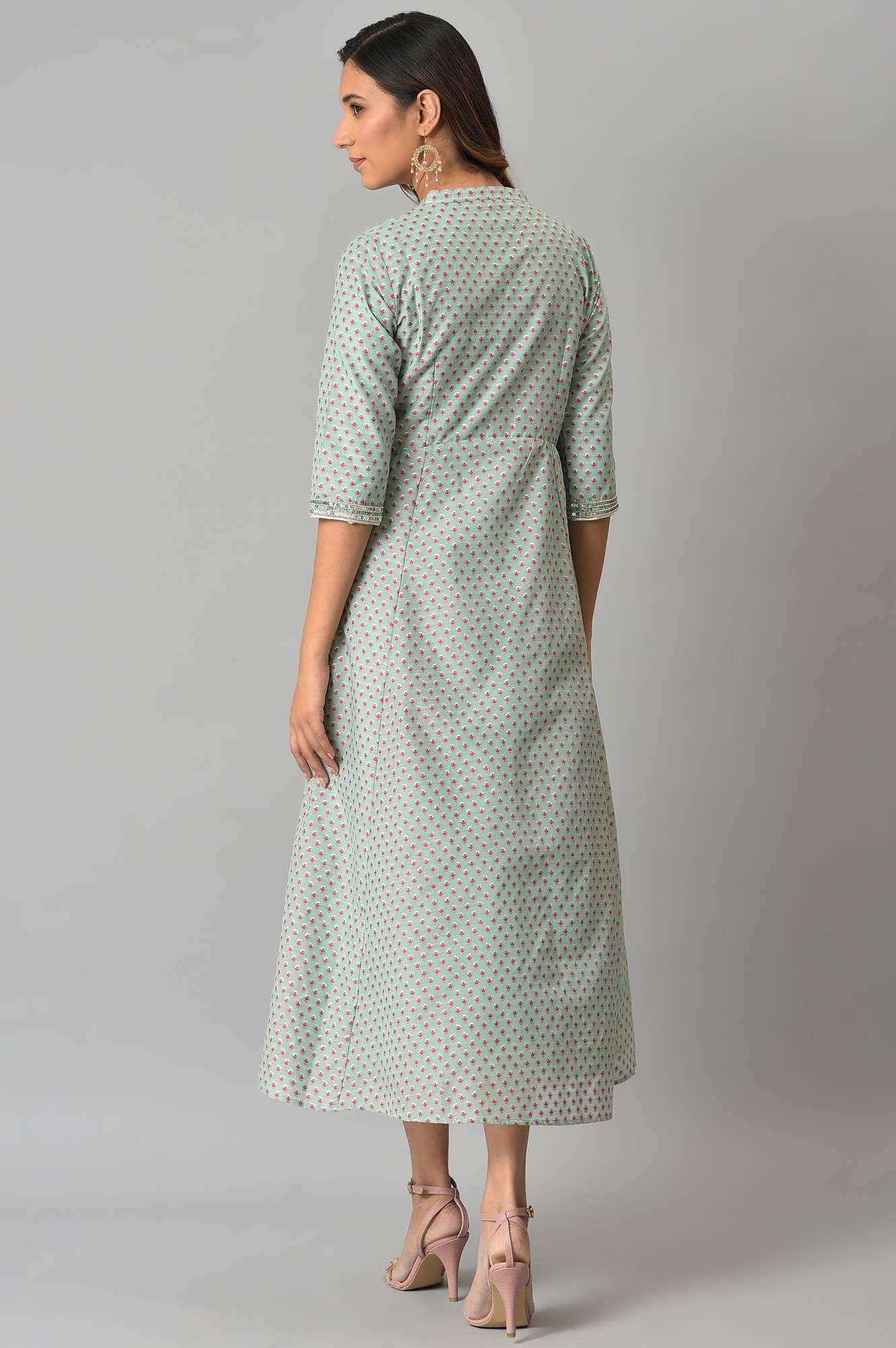 Green Floral Printed Indie Flared Dress - Image 2