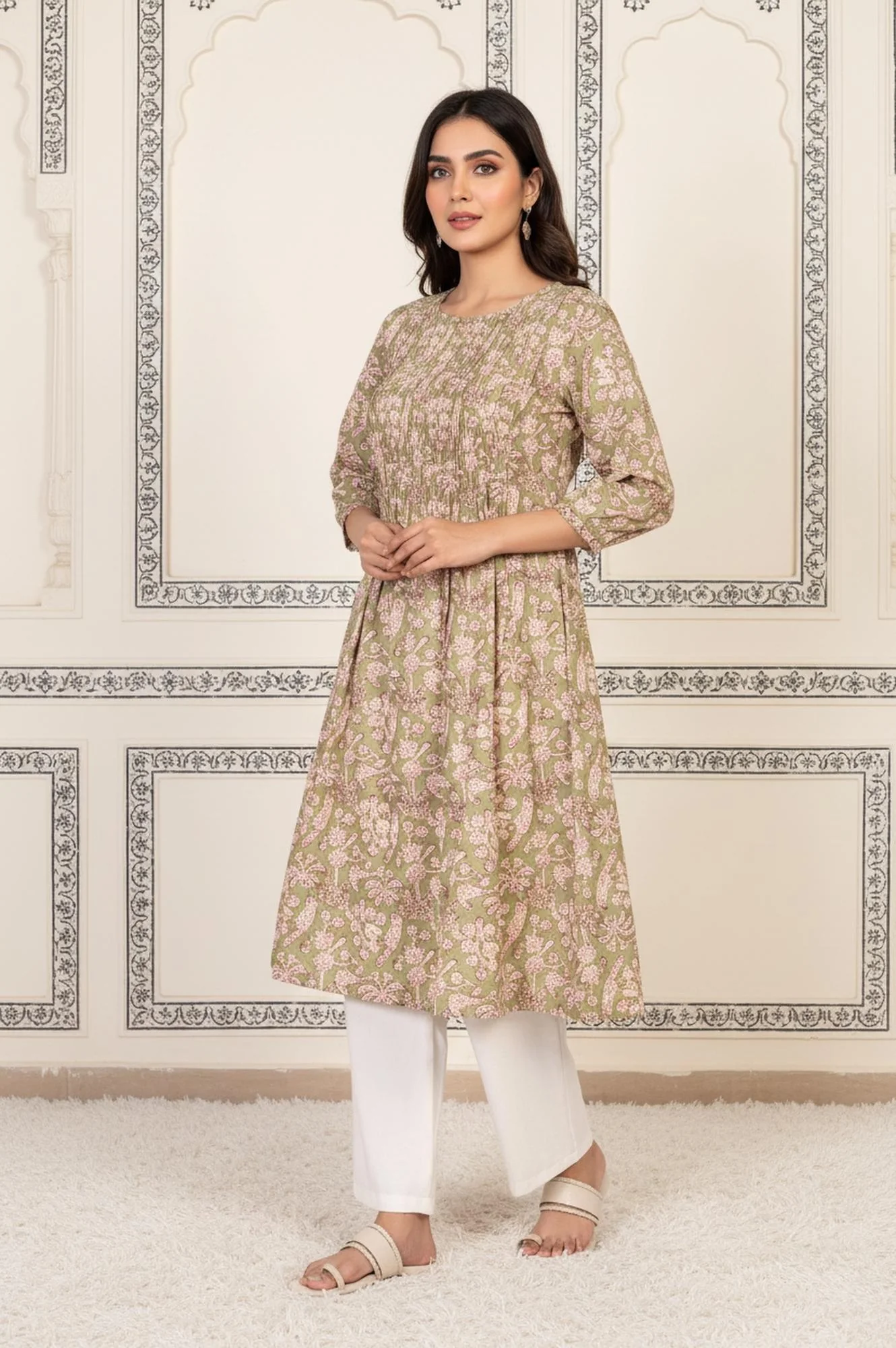 Green Floral Printed Pleated A-Line Cotton Kurta - Image 6