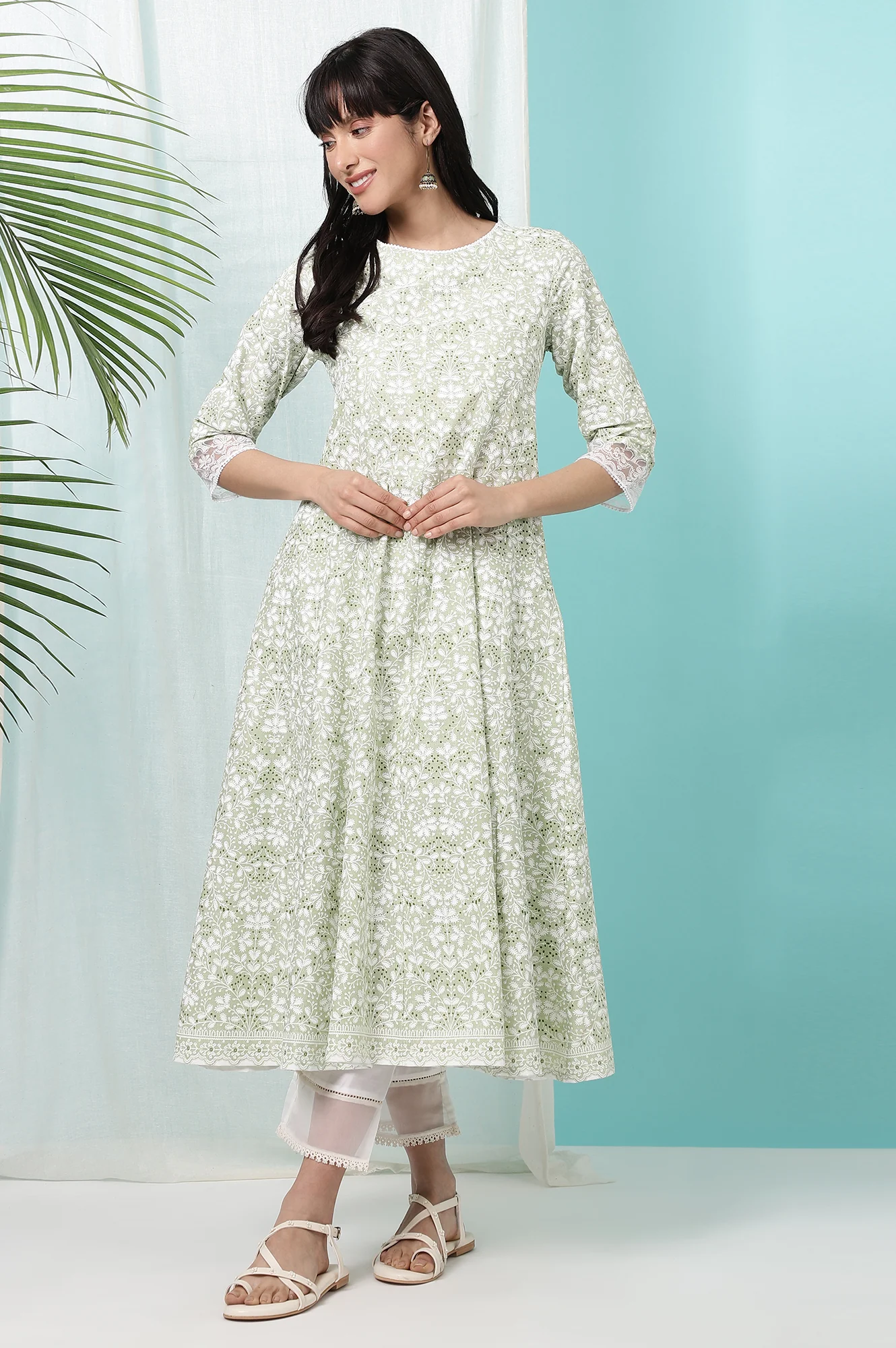 Green Floral Printed Pure Cotton Anarkali Kurta - Image 2