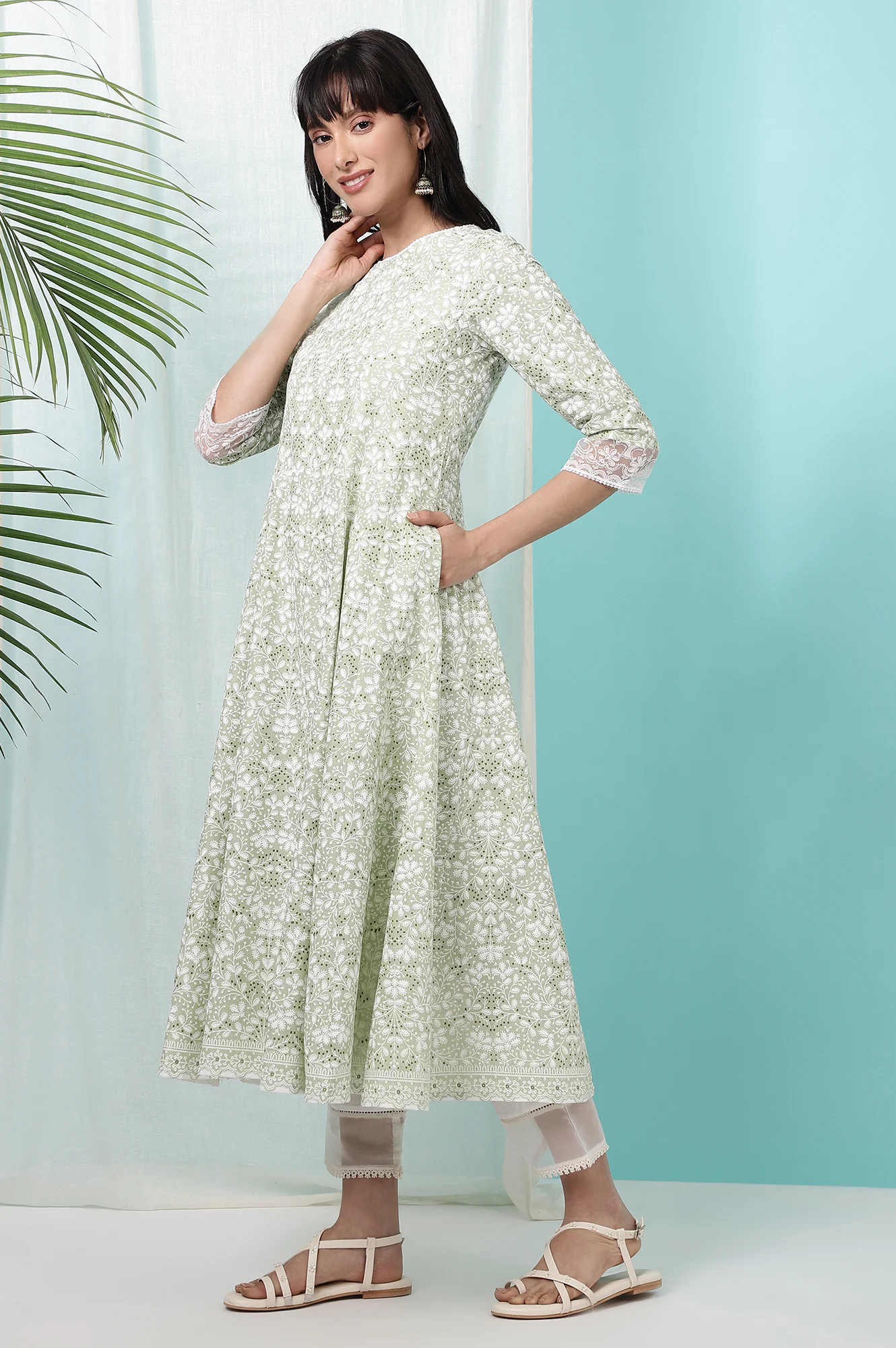 Green Floral Printed Pure Cotton Anarkali Kurta - Image 5