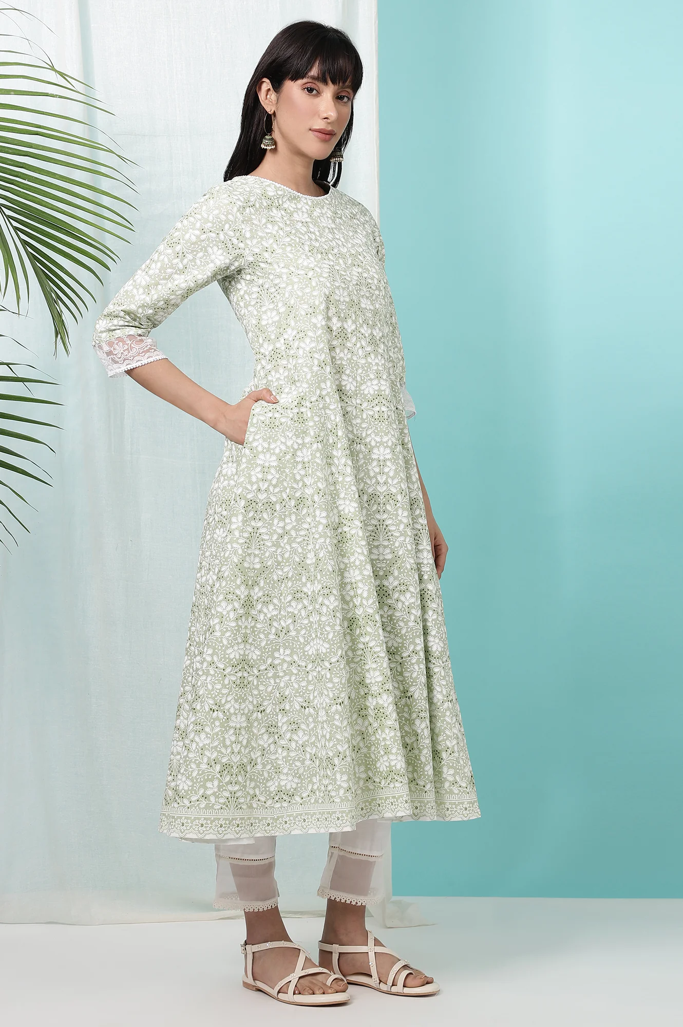 Green Floral Printed Pure Cotton Anarkali Kurta - Image 7