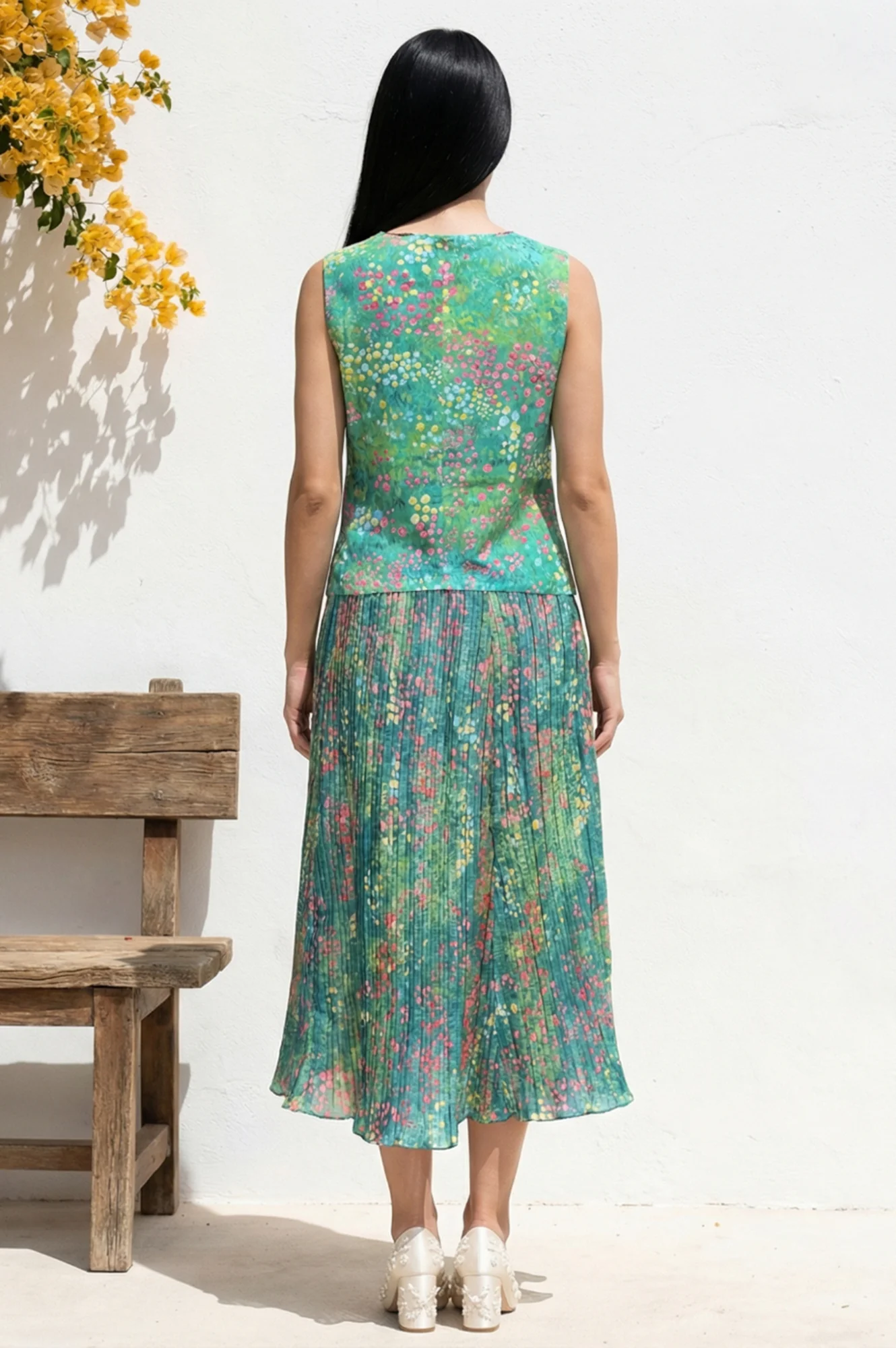 Green Floral Printed Pure Cotton Straight Waist Coat and Skirt Co-ord Set - Image 4