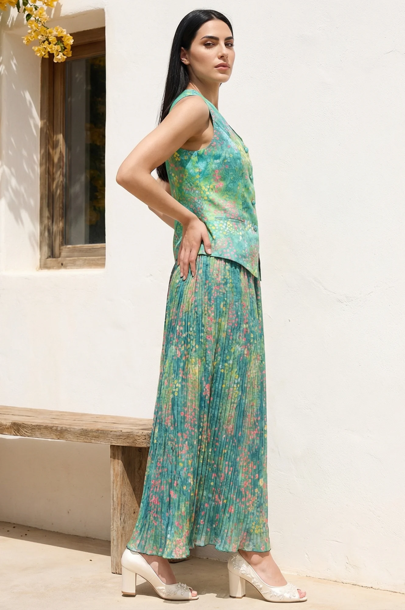 Green Floral Printed Pure Cotton Straight Waist Coat and Skirt Co-ord Set - Image 5