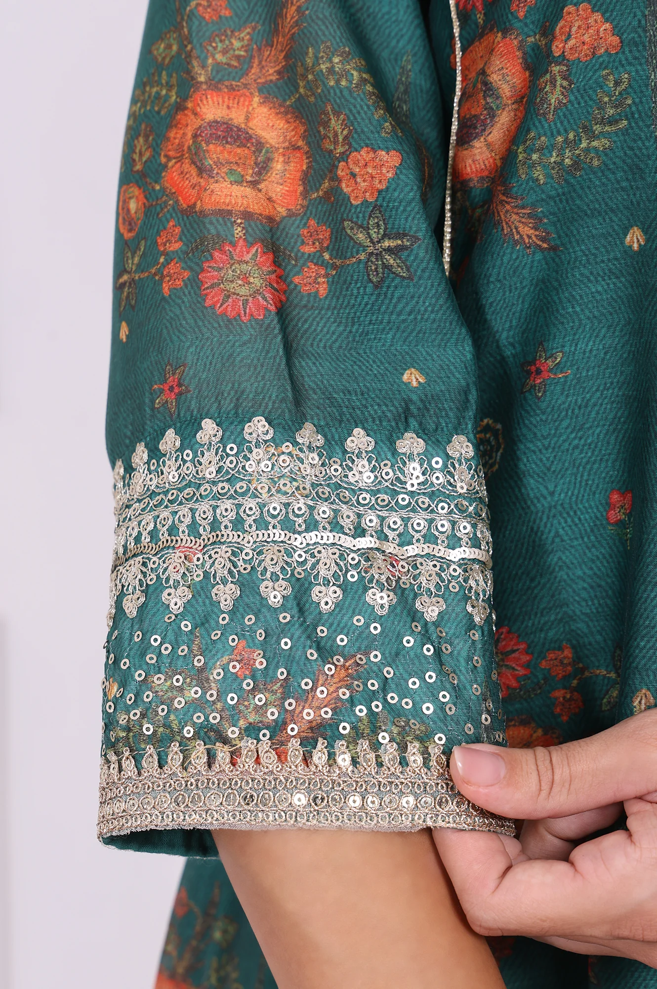 Green Floral Printed Sequined Flared Kurta, Straight Pants and Dupatta Set - Image 7
