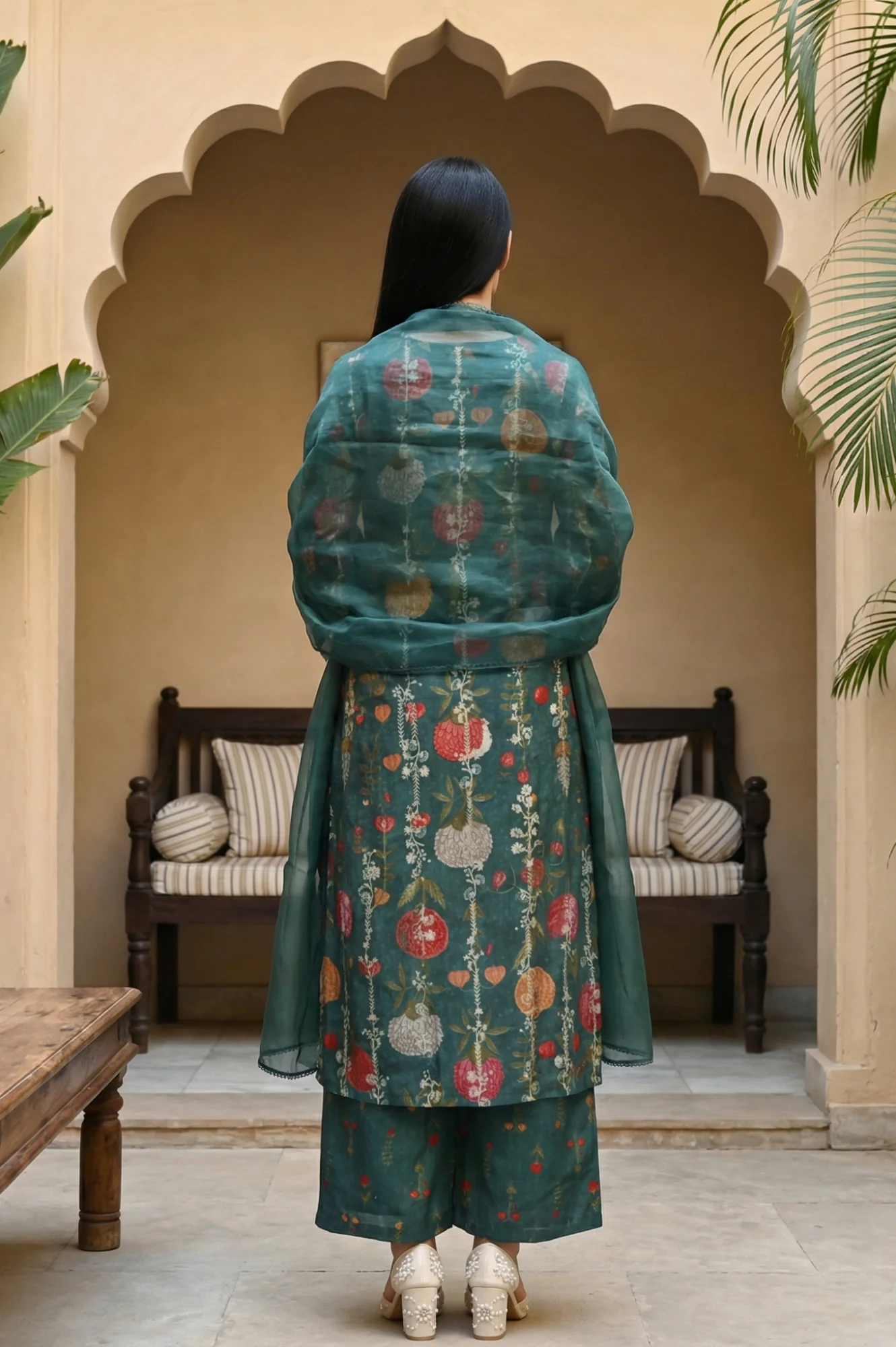Green Floral Printed Straight Kurta with Flared Pants and Dupatta Set - Image 4