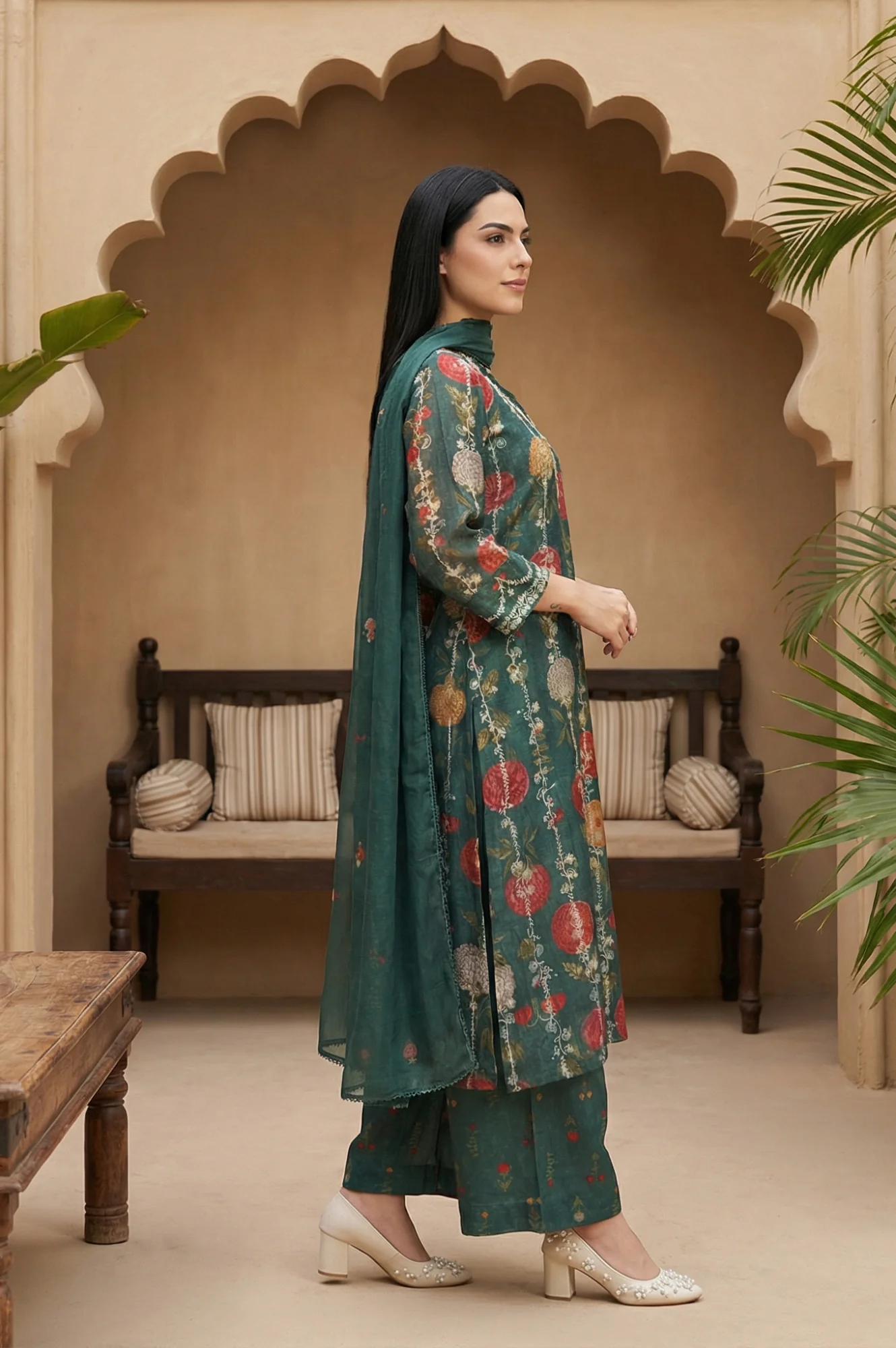 Green Floral Printed Straight Kurta with Flared Pants and Dupatta Set - Image 5