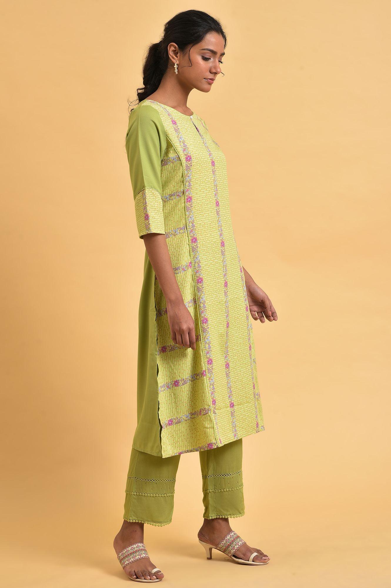 Green Floral Printed Straight Plus Size Summer kurta - Image 4