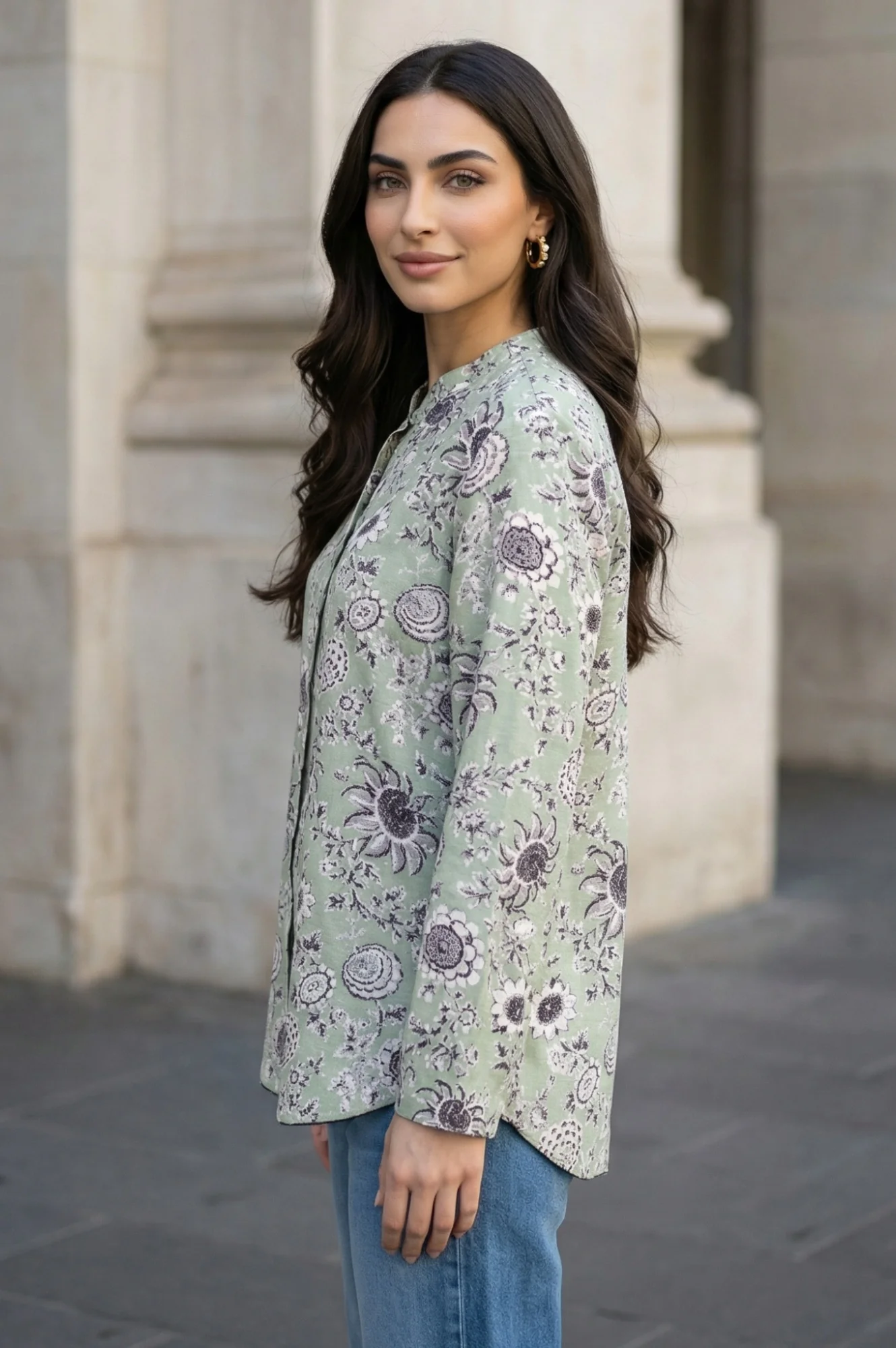 Green Floral Printed Straight Shirt - Image 3