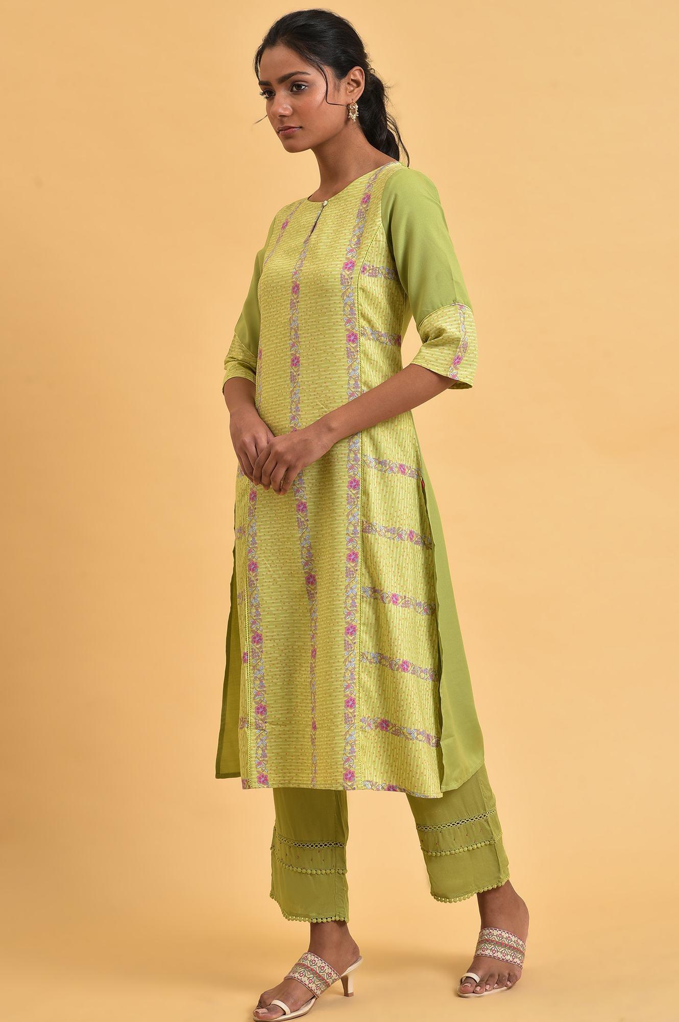 Green Floral Printed Straight Summer kurta - Image 3