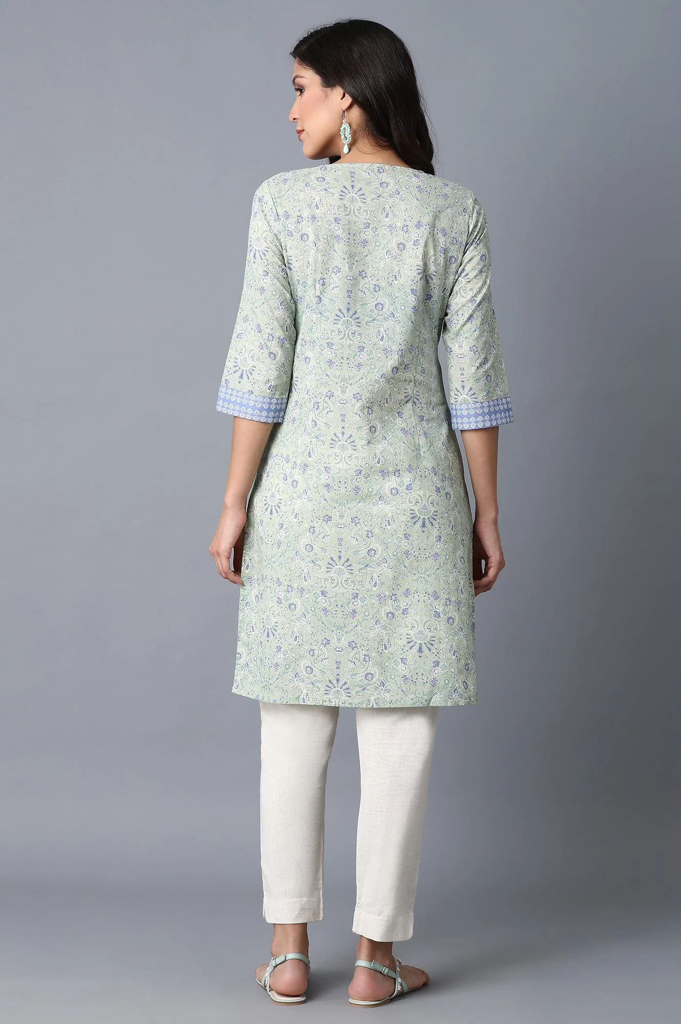 Green Floral Printed Tape Straight Cotton Kurta - Image 2