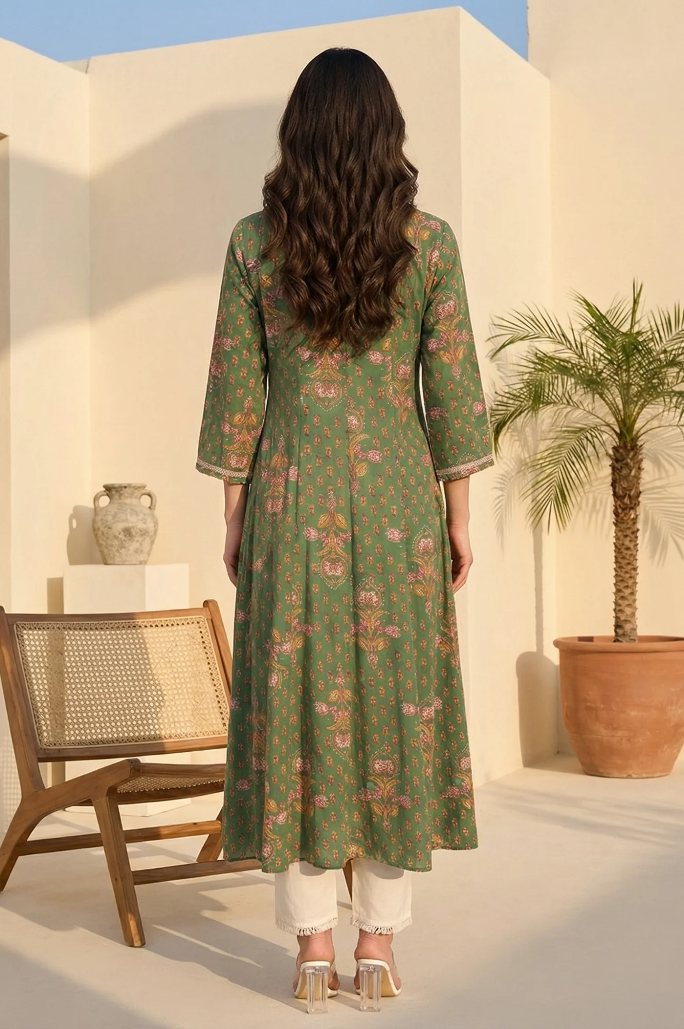 Green Floral Printed Tape Zari Anarkali Kurta - Image 4