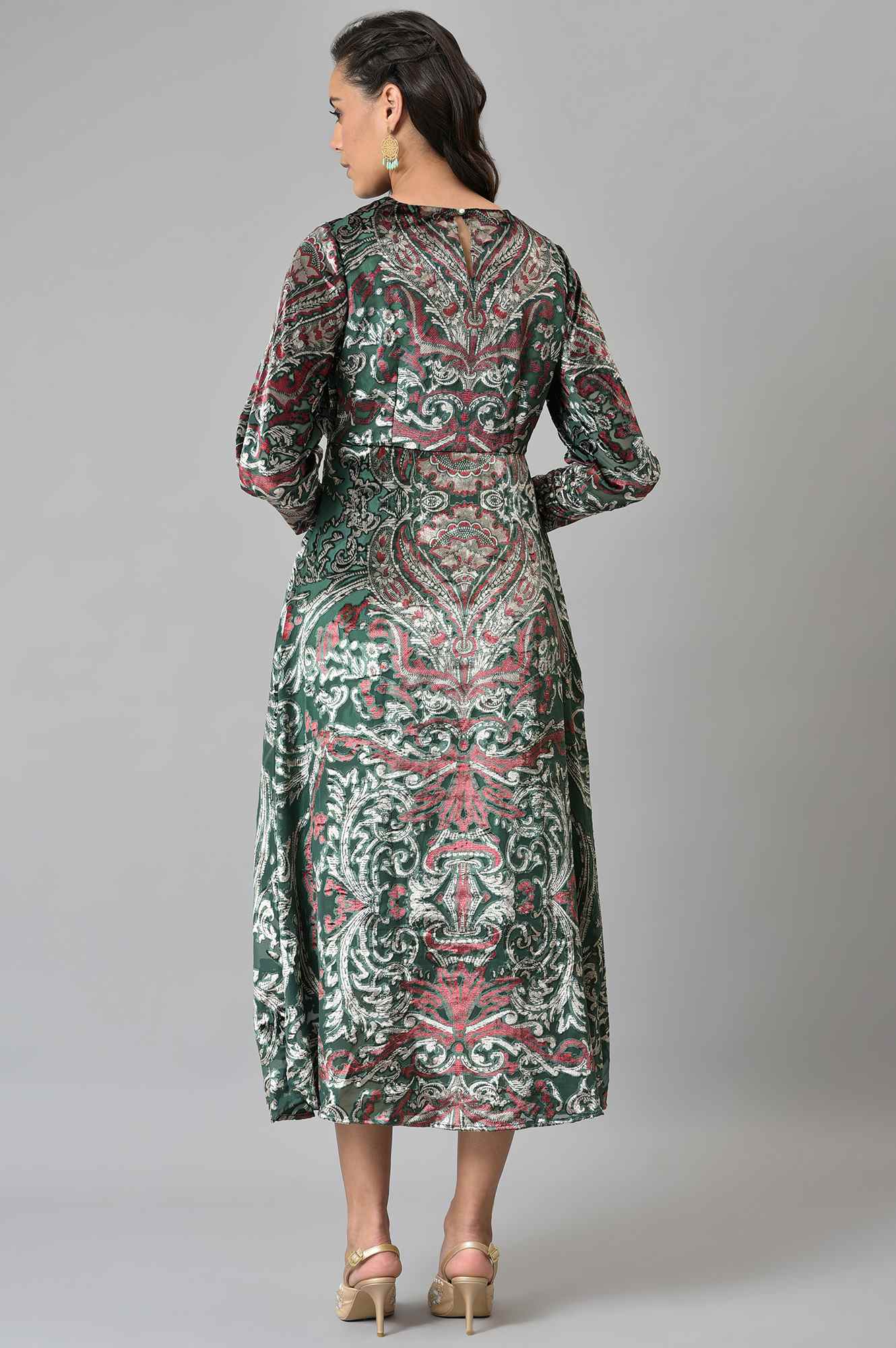 Green Floral Printed Velvet Cocktail Dress - Image 2