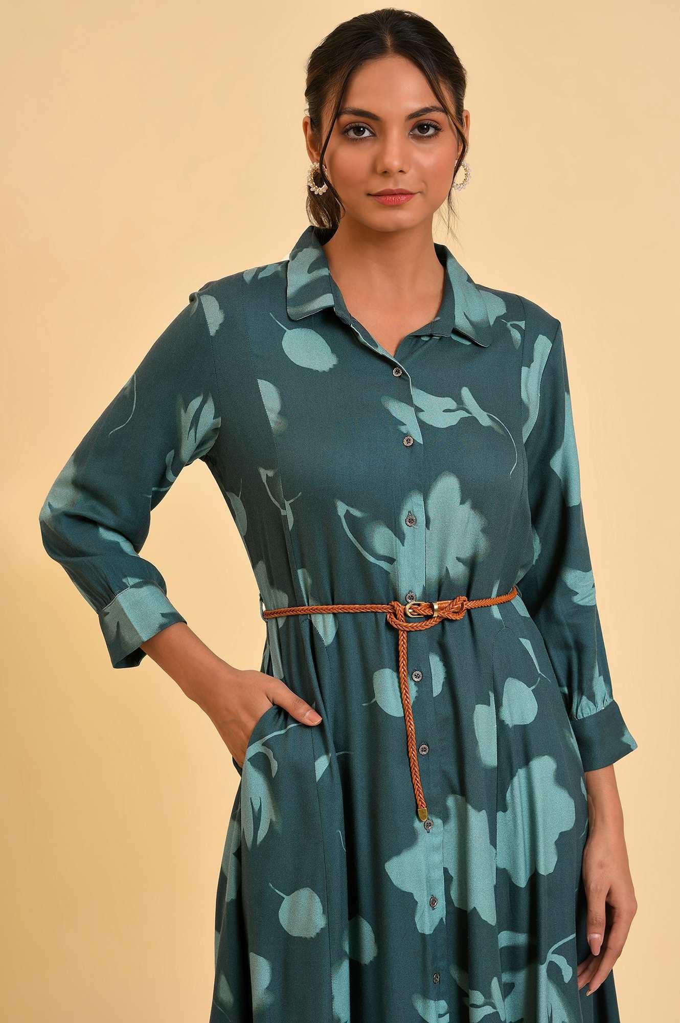 Green Floral Printed Western Dress With Belt - Image 5
