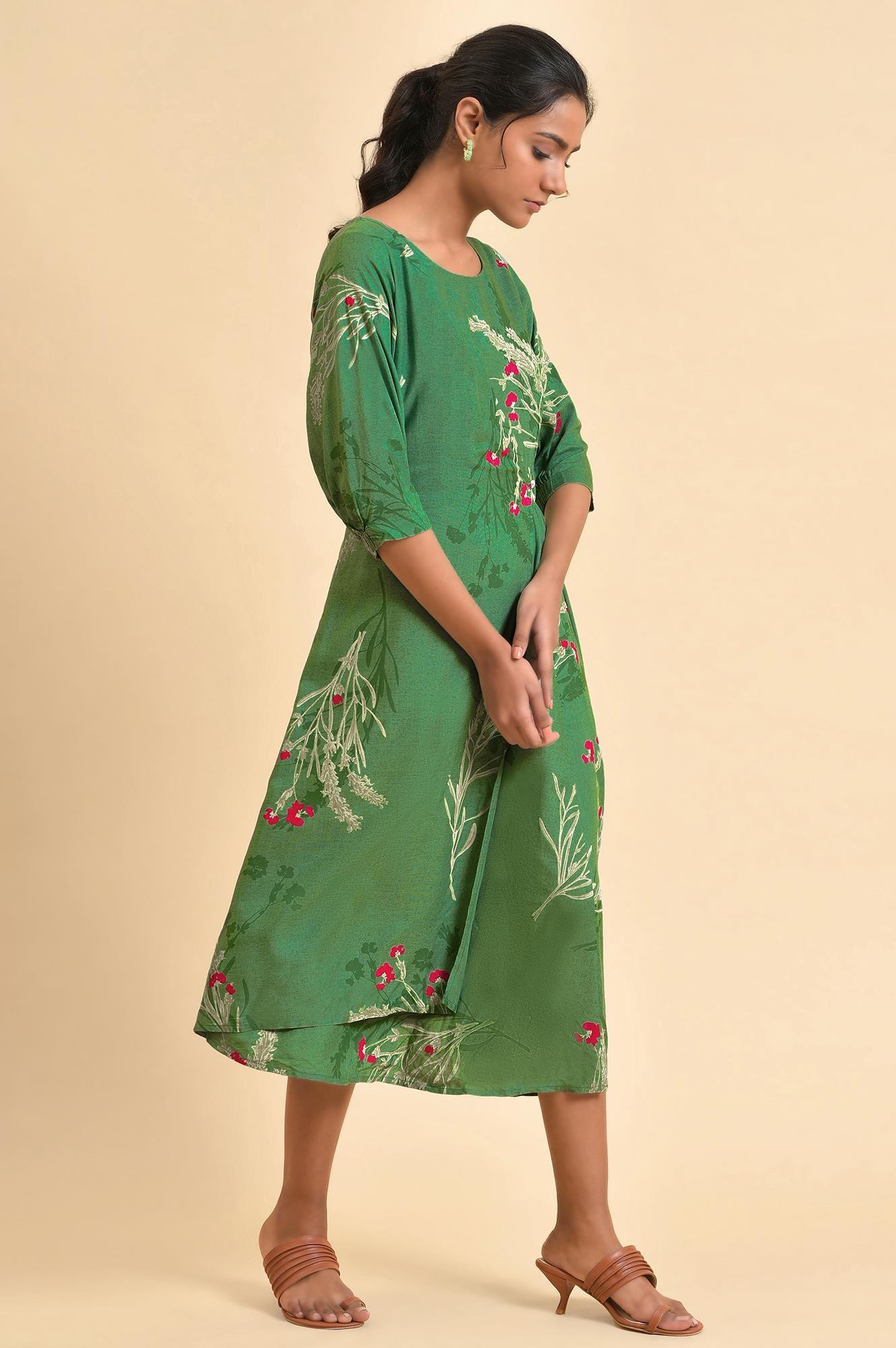 Green Floral Printed Western Wrap Dress - Image 4