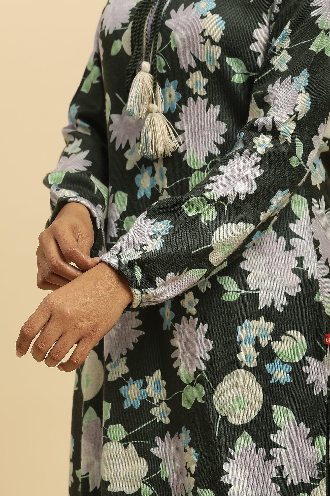 Green Floral Printed Winter Kurta And Tights Set - Image 7