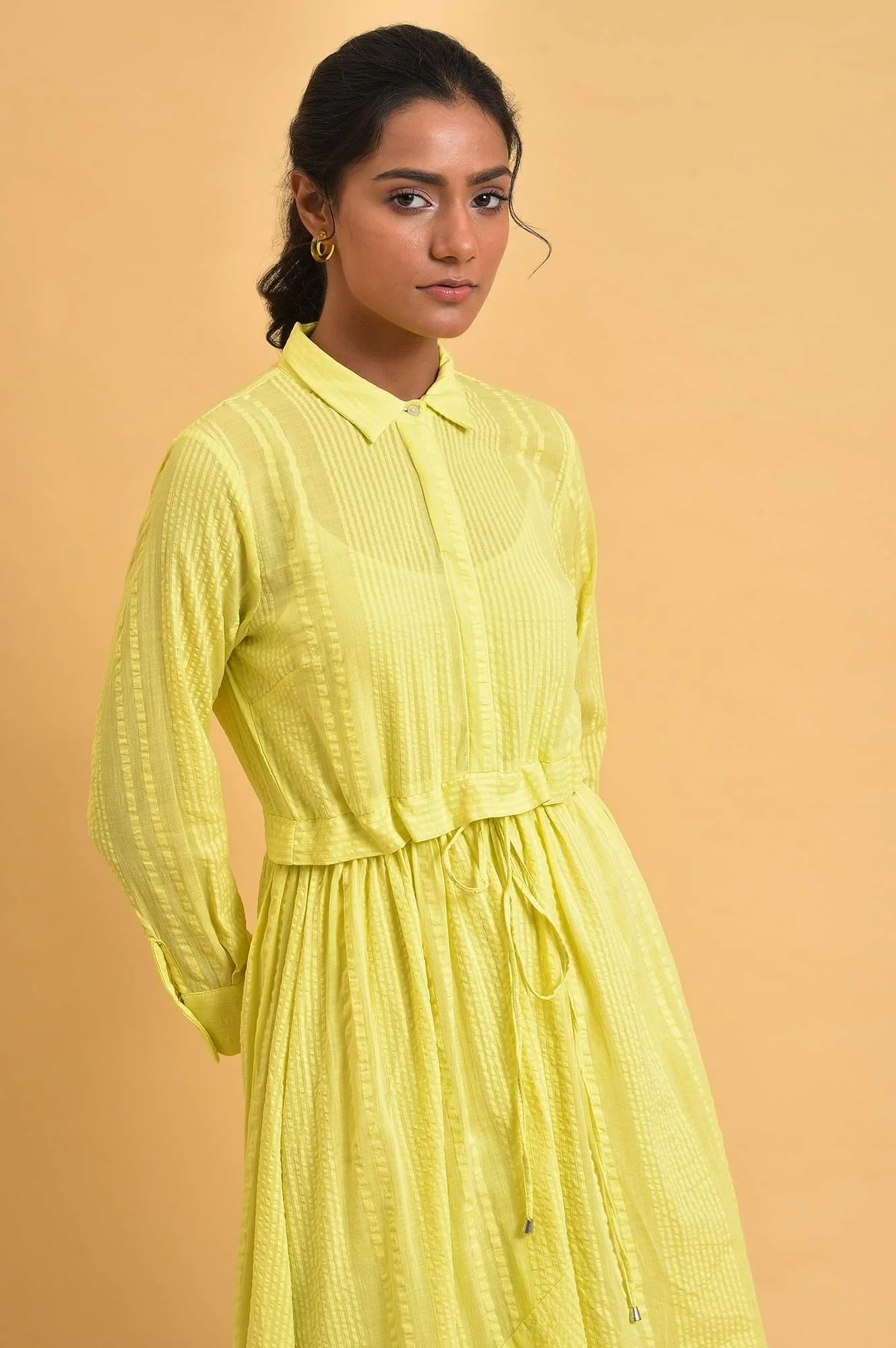 Green Gathered Shirt Collar Dress - Image 6