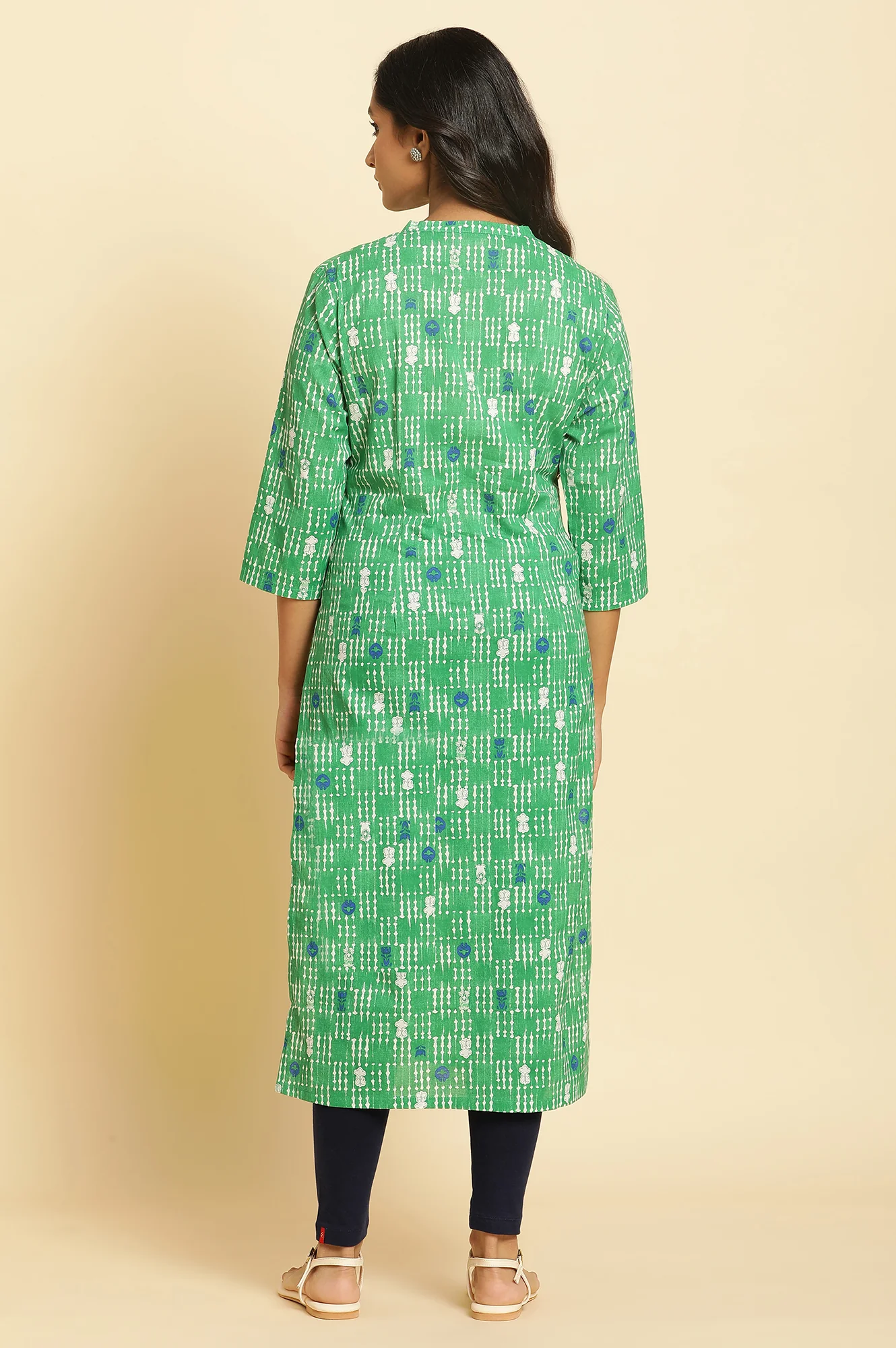 Green Geometric Mandarin Collar Straight Kurta - Image 3