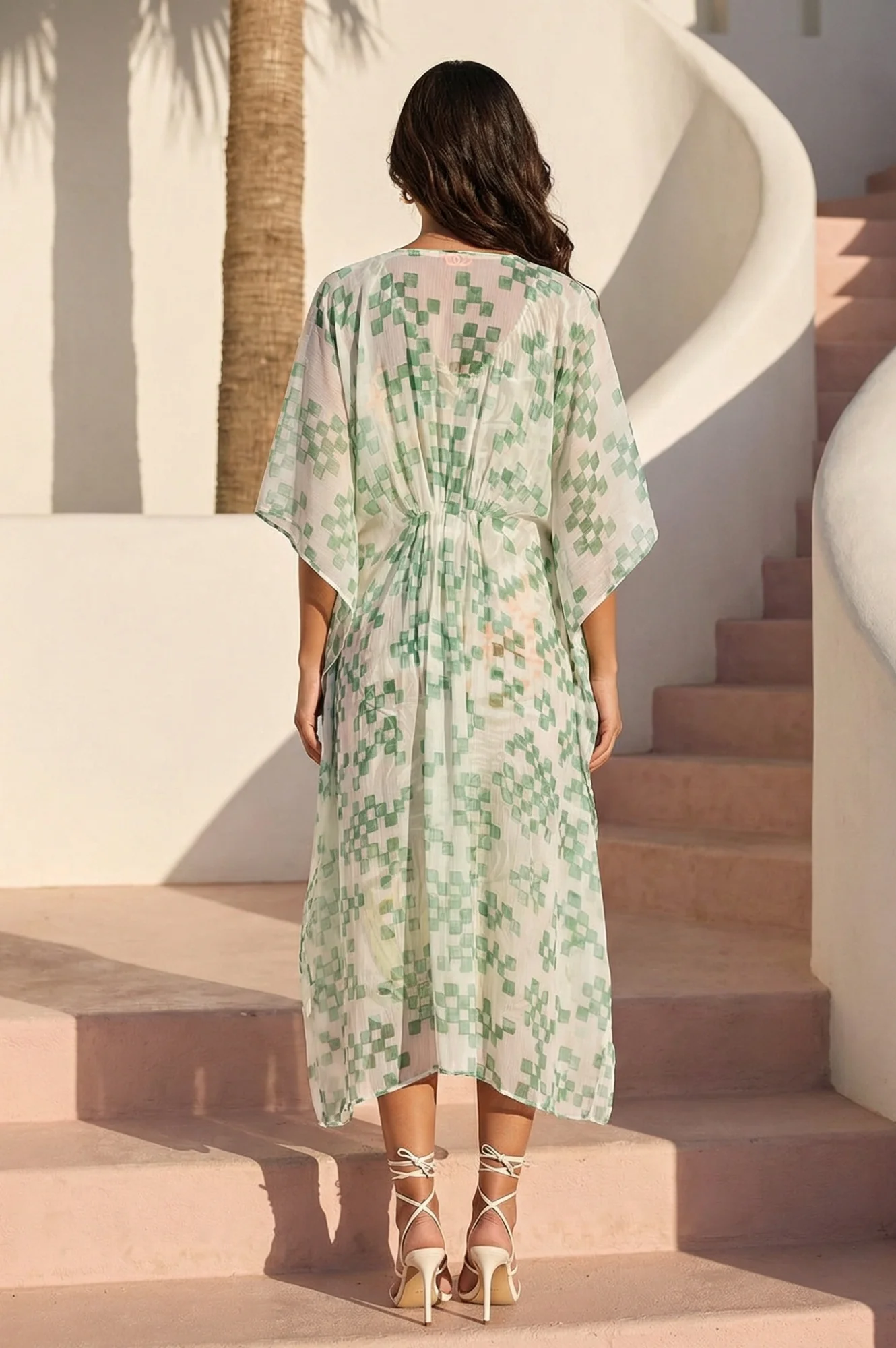 Green Geometric Printed Chiffon Kaftan Dress with Inner - Image 7