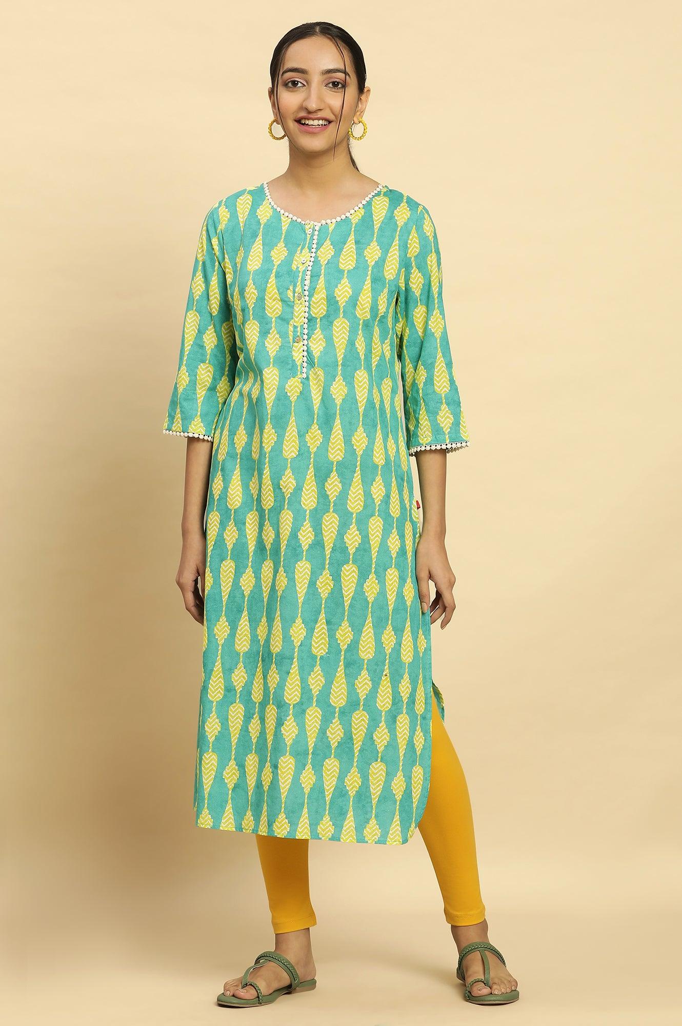 Green Geometric Printed Cotton Kurta - Image 2