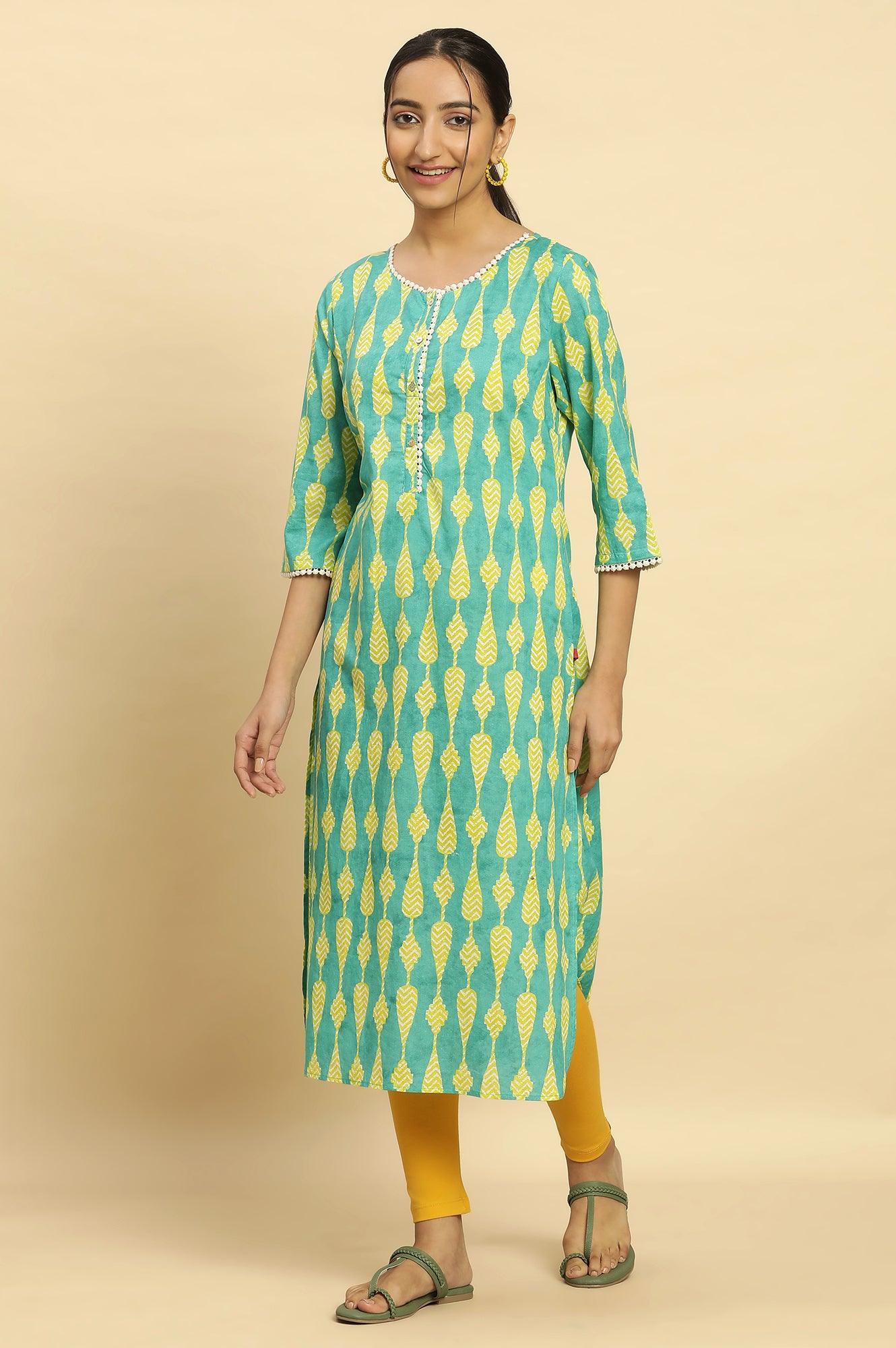 Green Geometric Printed Cotton Kurta - Image 3