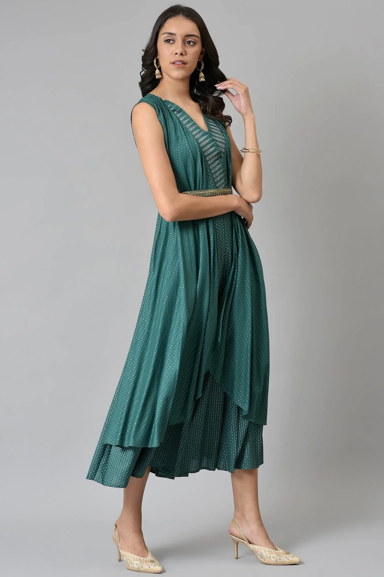 Green Gillet Kimono Jumpsuit With Embellished Belt - Image 4