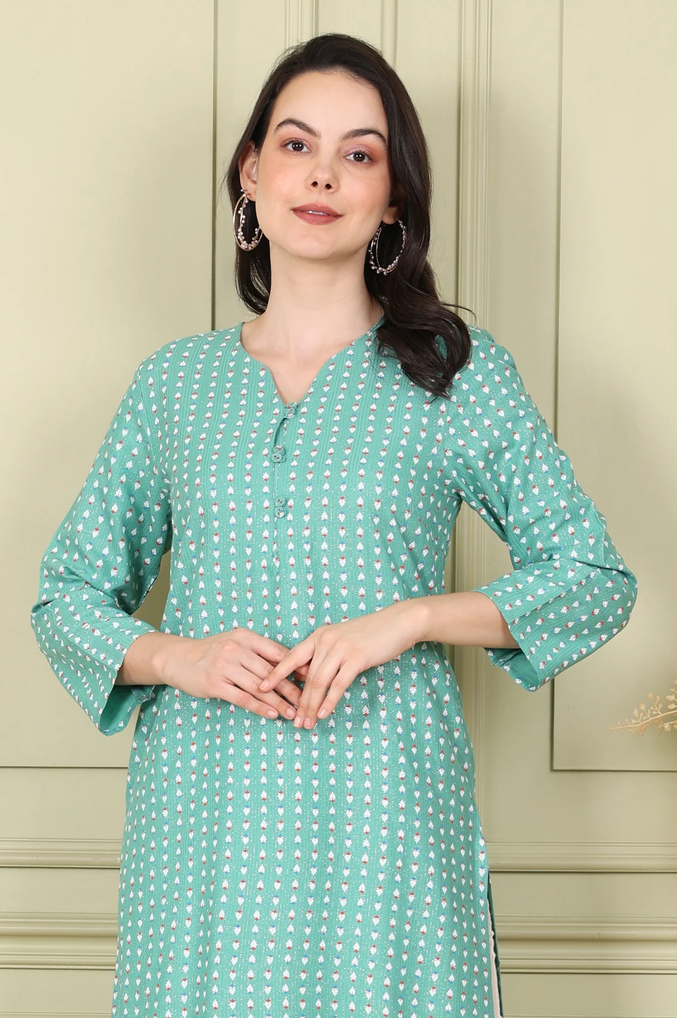Green Glitter Geometric Printed Rayon Straight Kurta