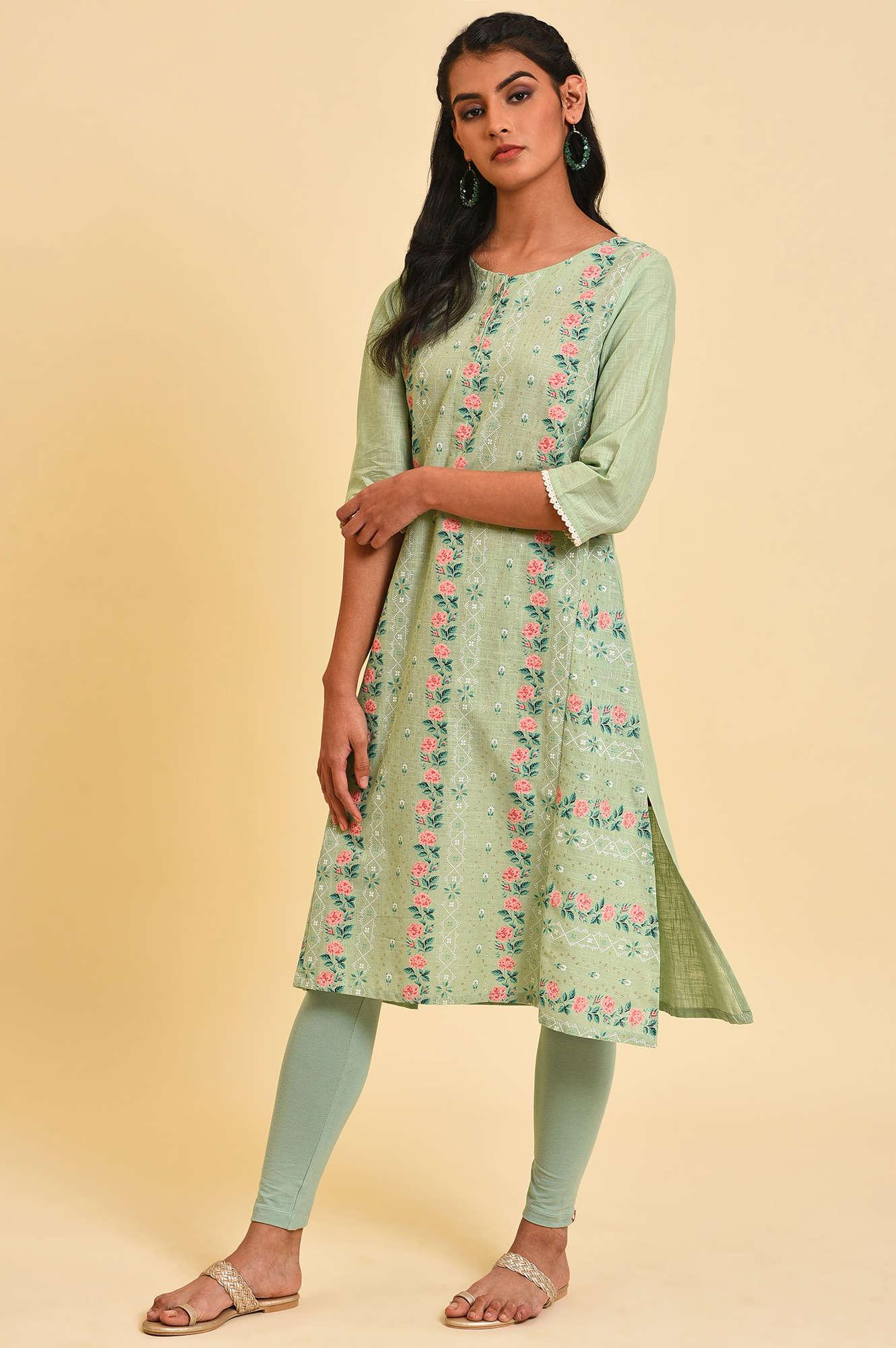 Green Glitter Printed A-Line kurta - Image 3