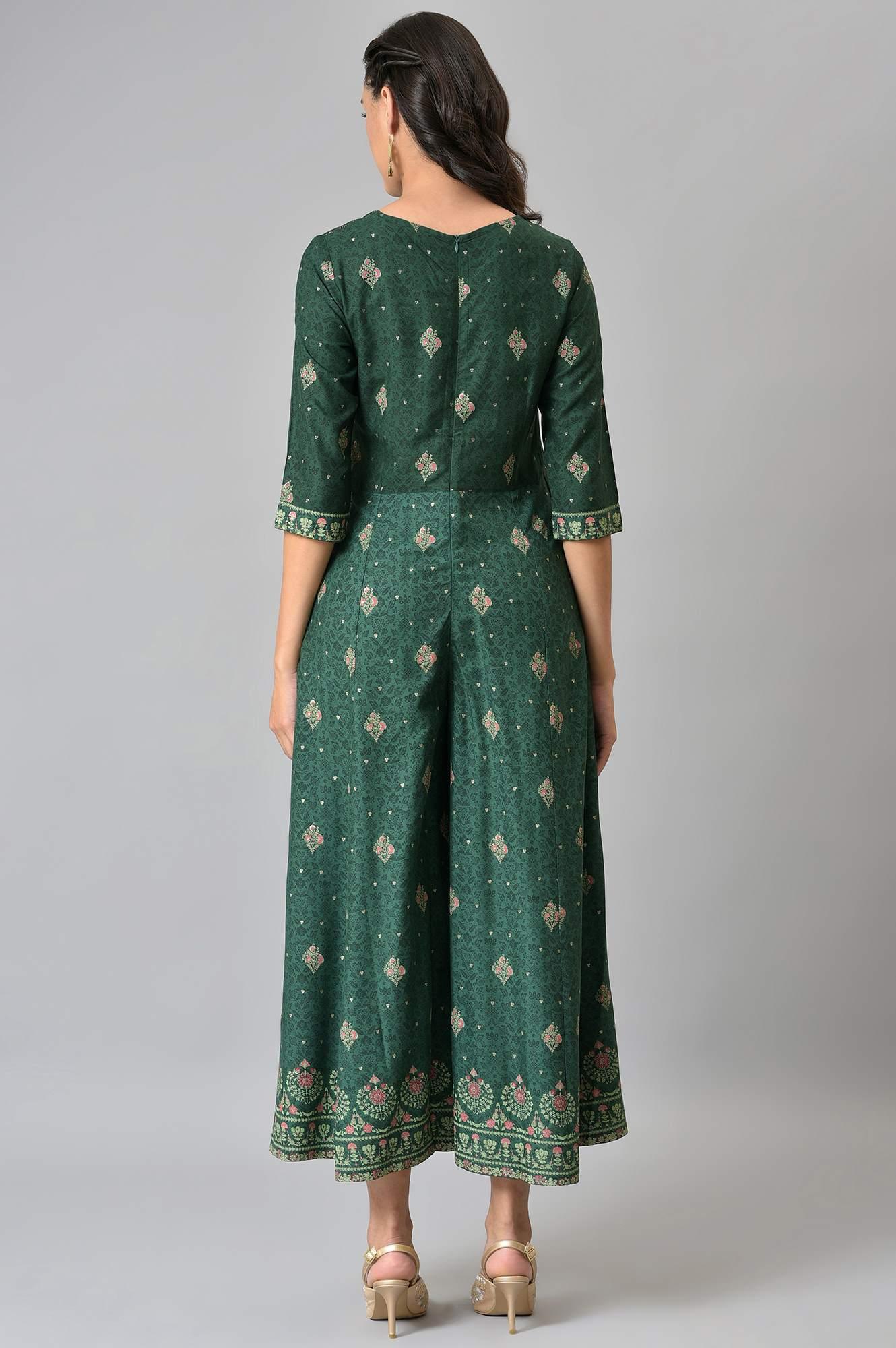 Green Glitter Printed Angrakha Jumpsuit - Image 2