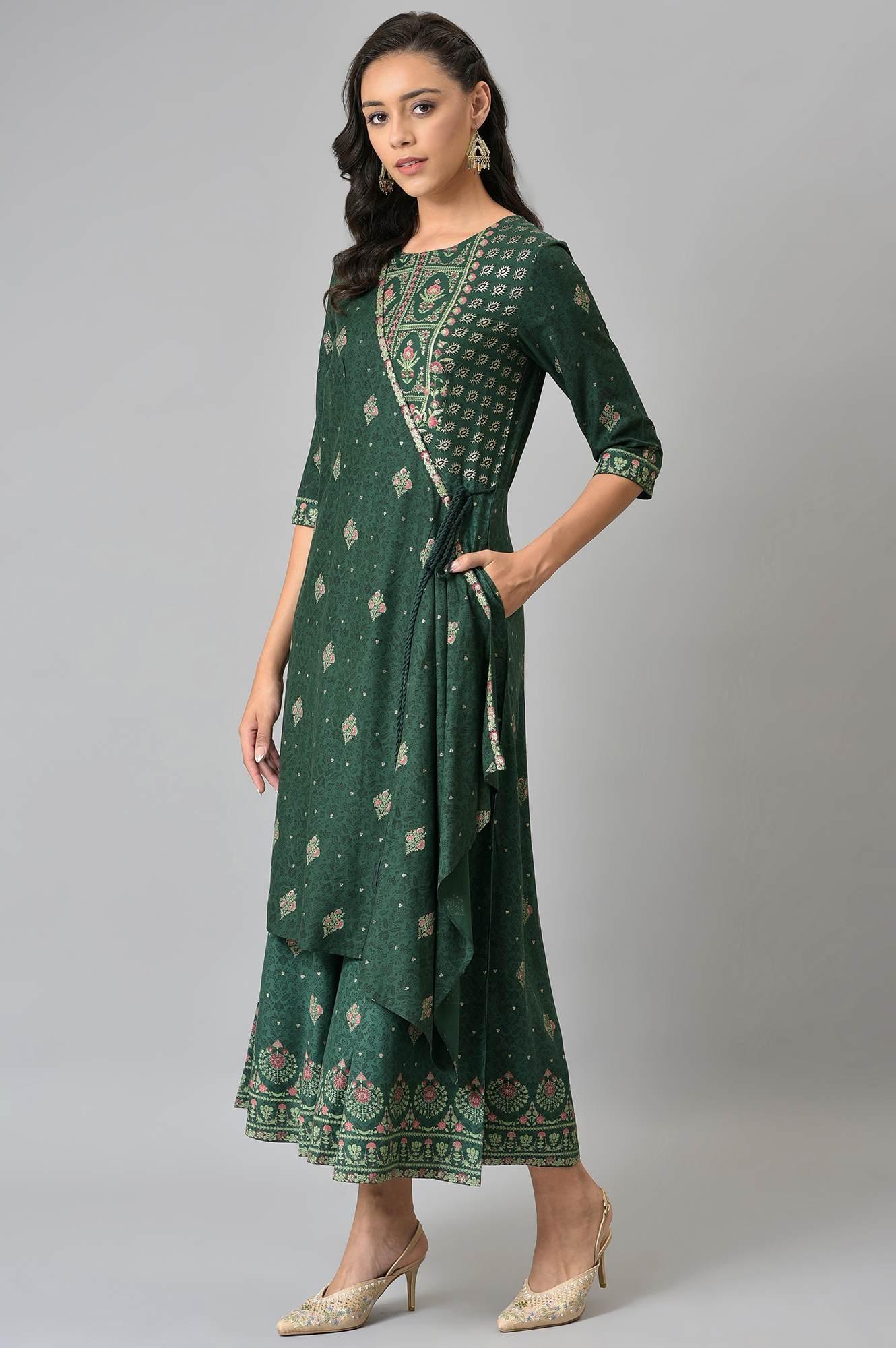 Green Glitter Printed Angrakha Jumpsuit - Image 3