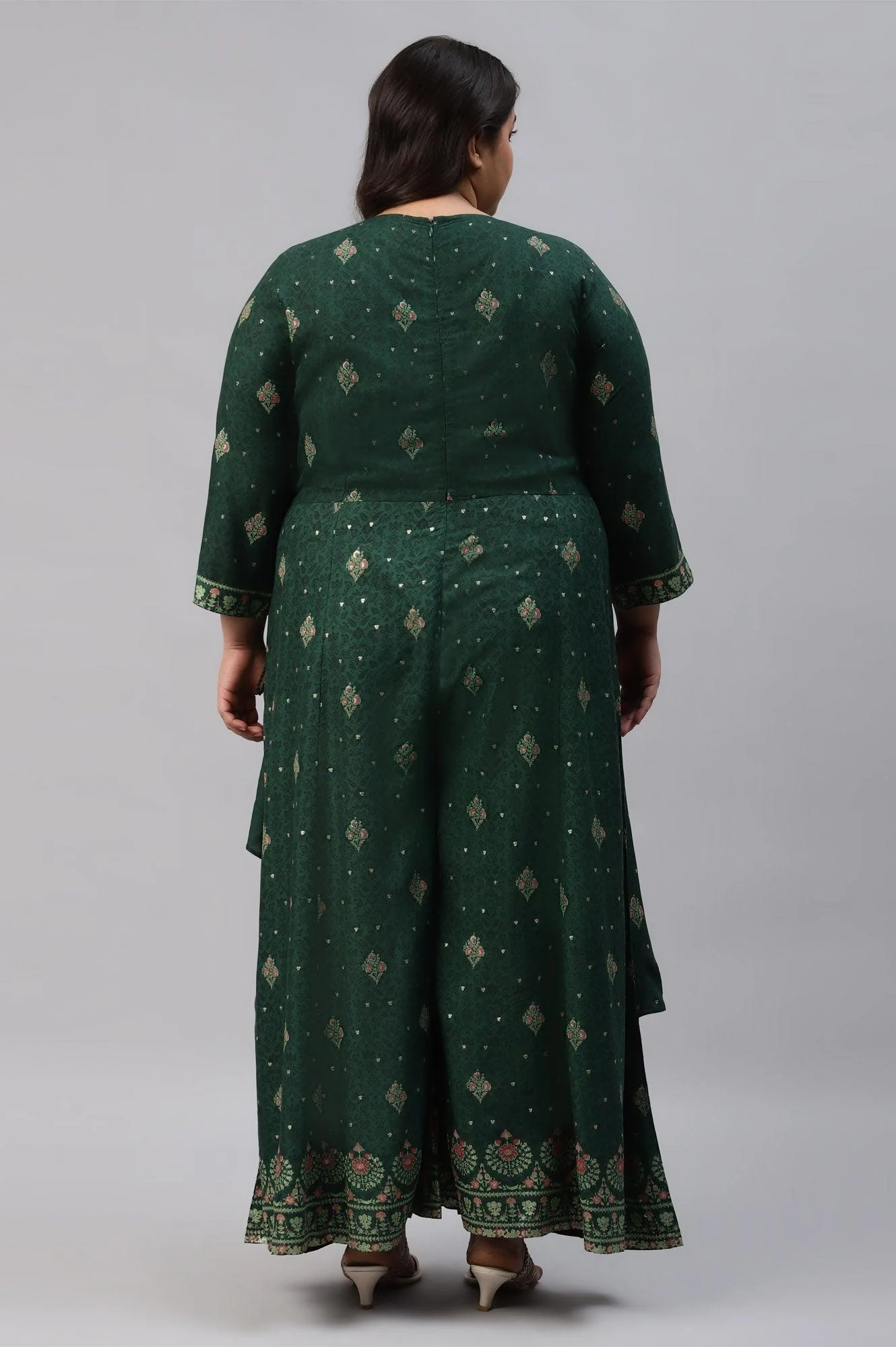 Green Glitter Printed Angrakha Plus Size Jumpsuit - Image 2