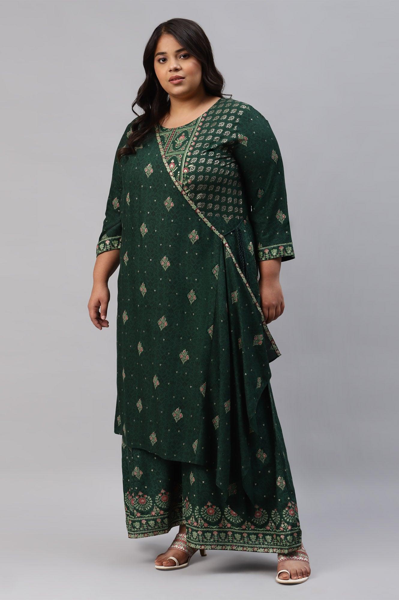 Green Glitter Printed Angrakha Plus Size Jumpsuit - Image 3