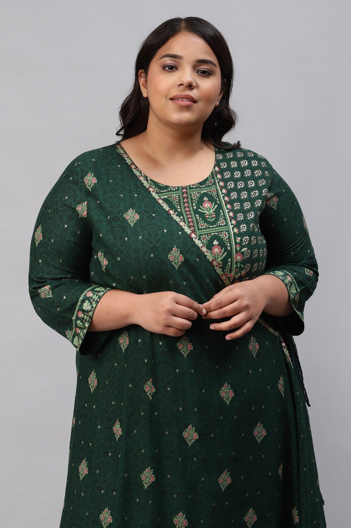 Green Glitter Printed Angrakha Plus Size Jumpsuit - Image 5
