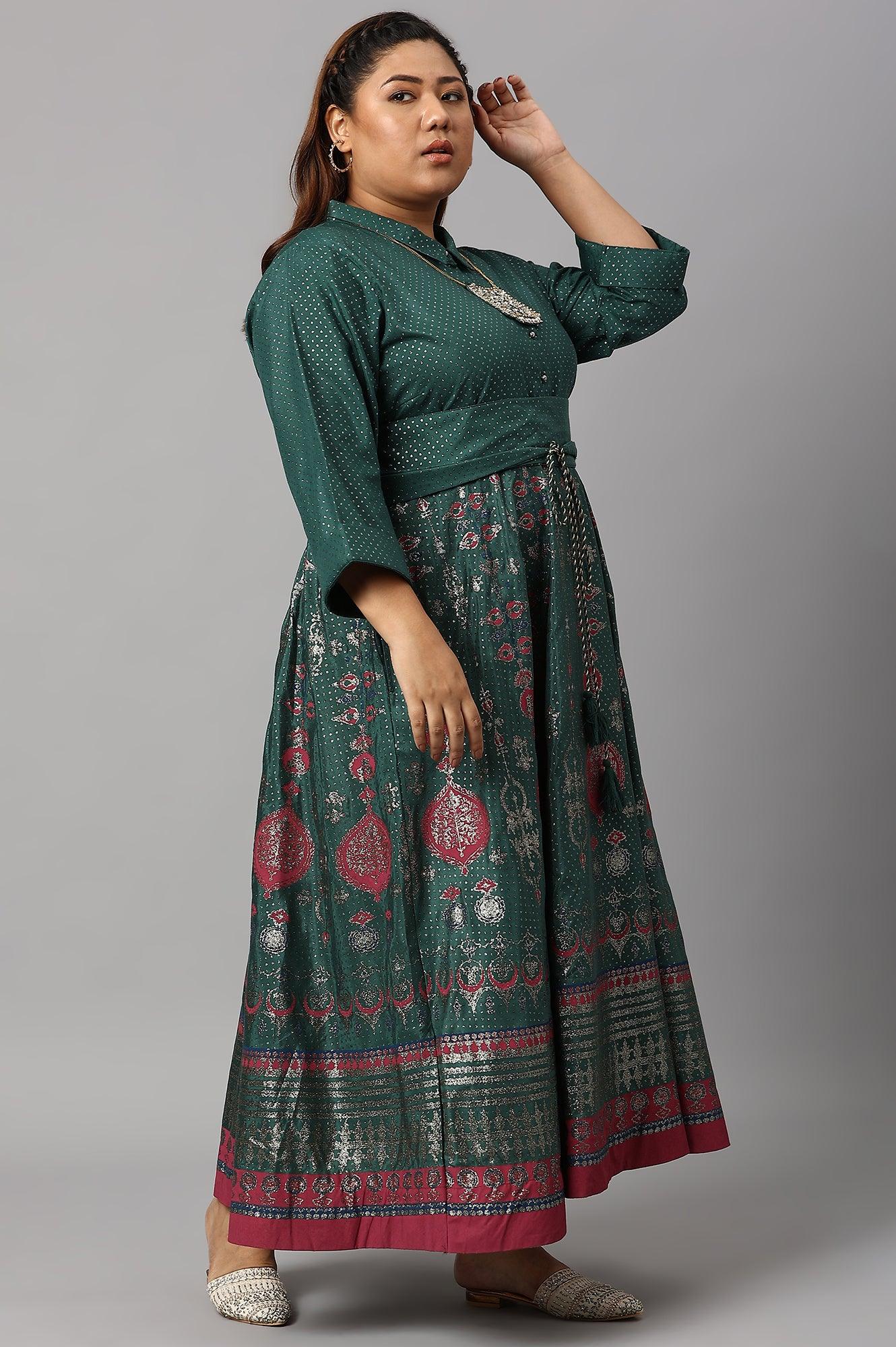 Green Glitter Printed Festive Plus Size Shirt Dress With Placket - Image 4