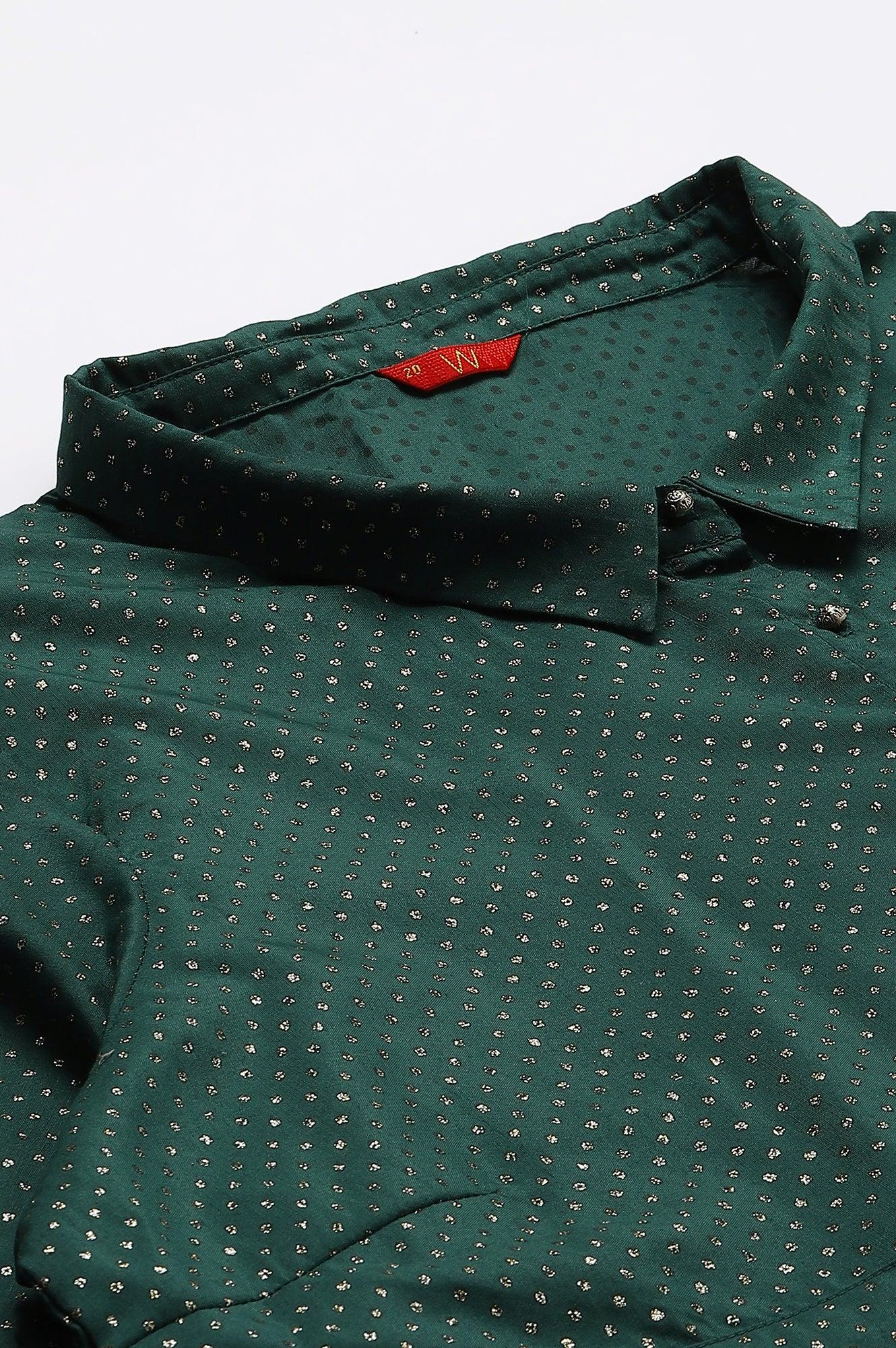 Green Glitter Printed Festive Plus Size Shirt Dress With Placket - Image 7