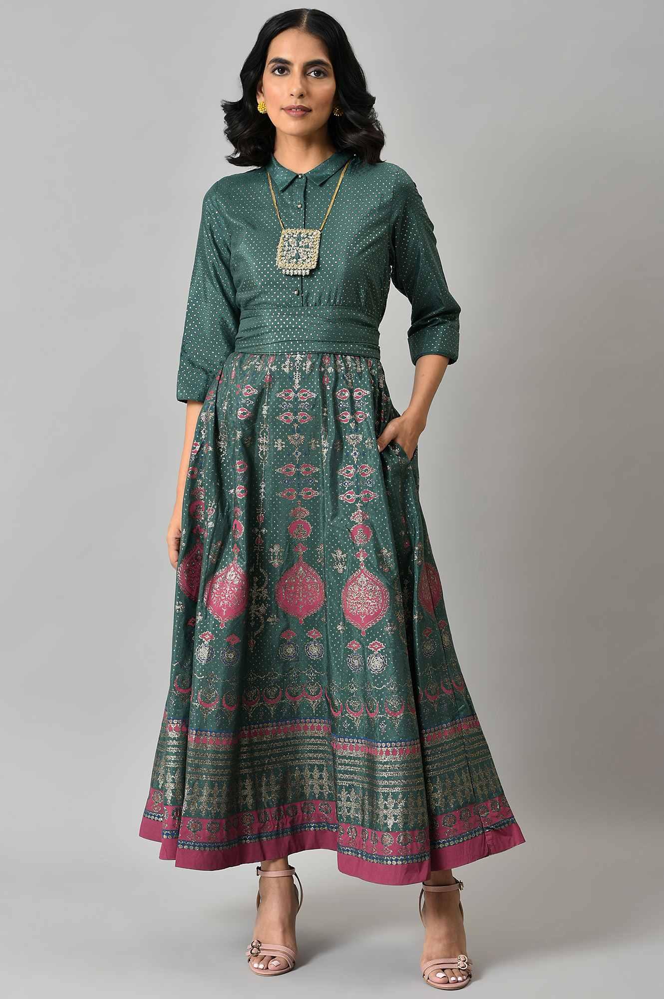 Green Glitter Printed Festive Shirt Dress With Placket - Image 2