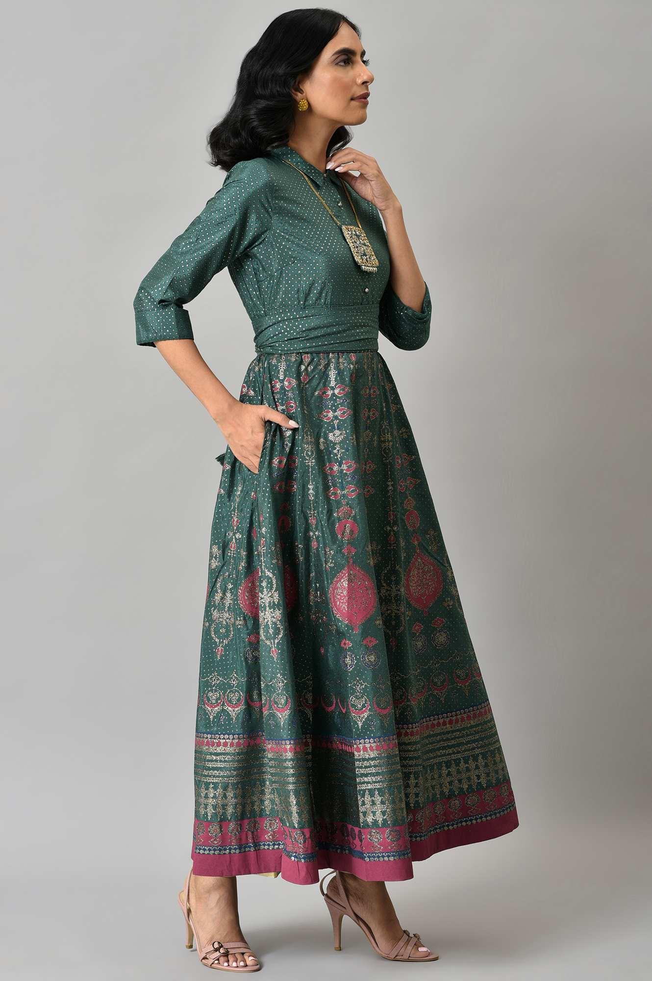 Green Glitter Printed Festive Shirt Dress With Placket - Image 5