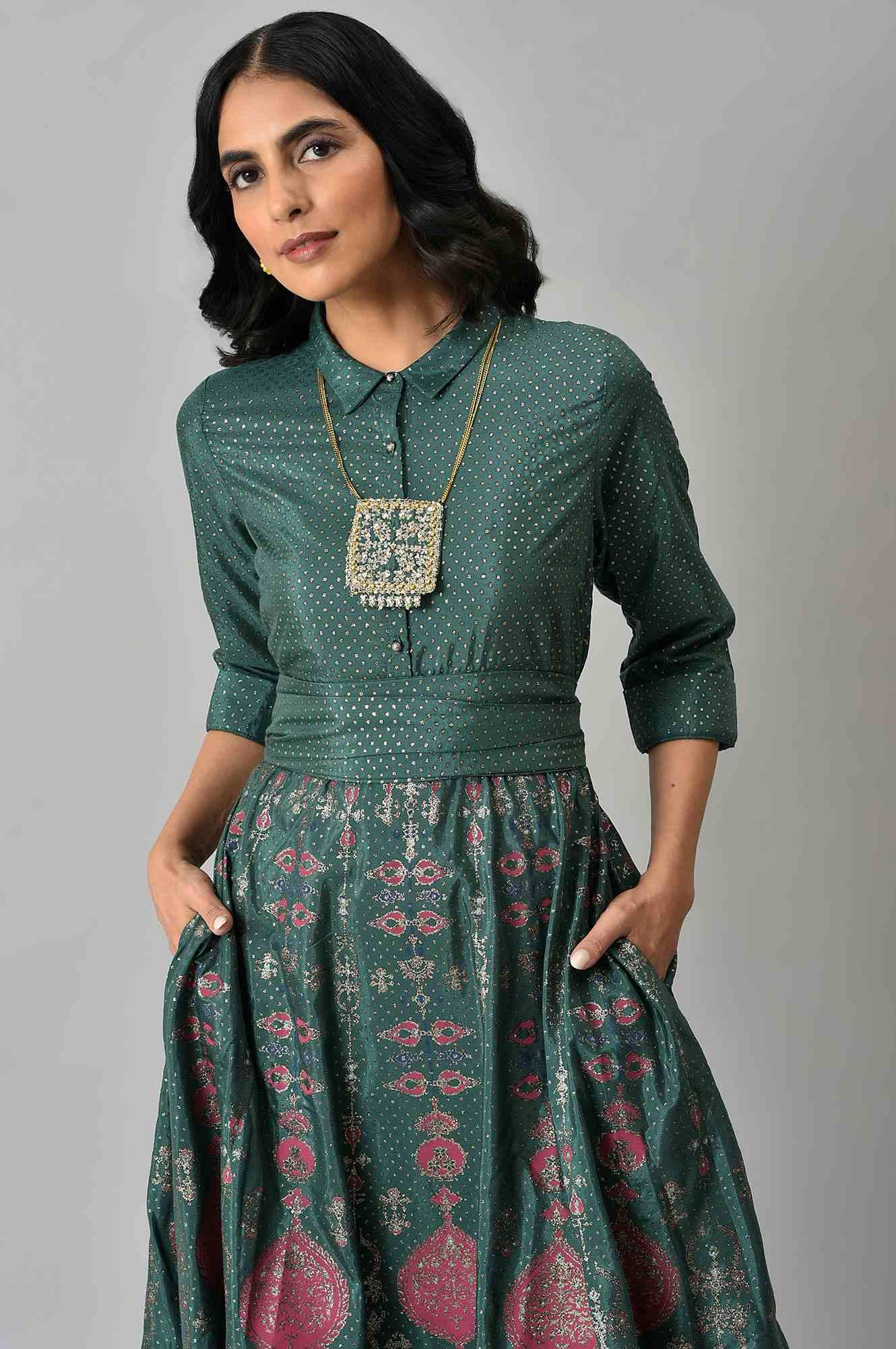 Green Glitter Printed Festive Shirt Dress With Placket - Image 6