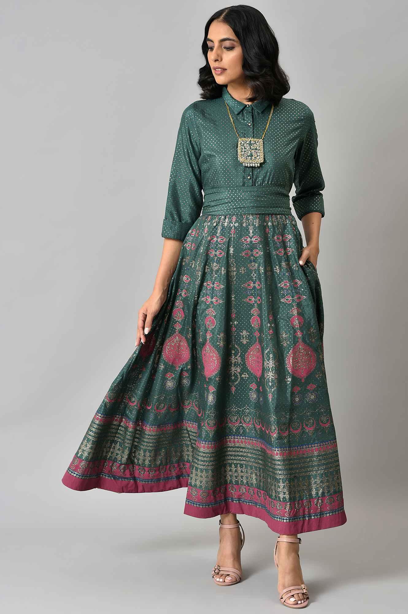 Green Glitter Printed Festive Shirt Dress With Placket - Image 7