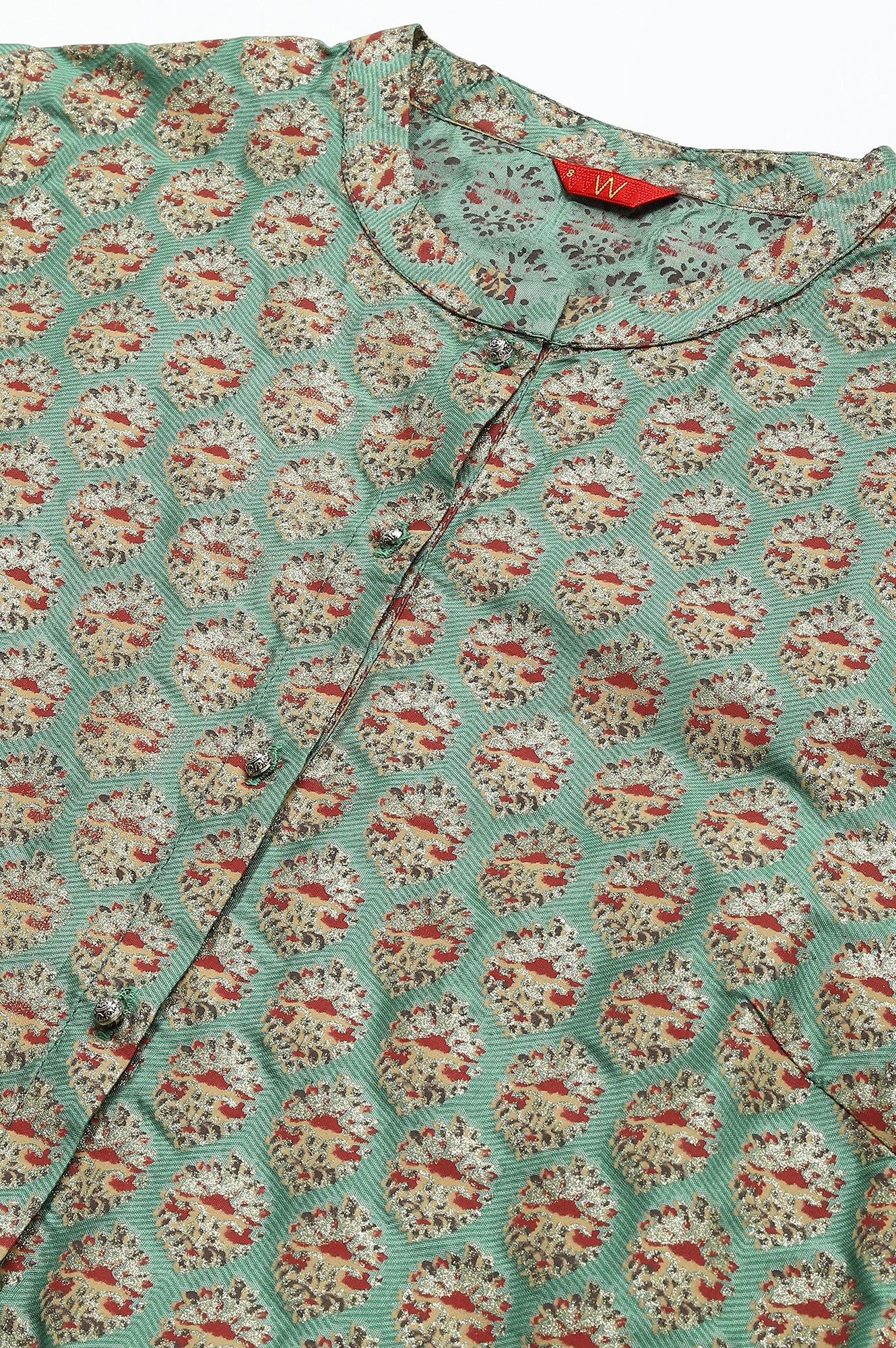 Green Glitter Printed kurta In Mandarin Collar - Image 2