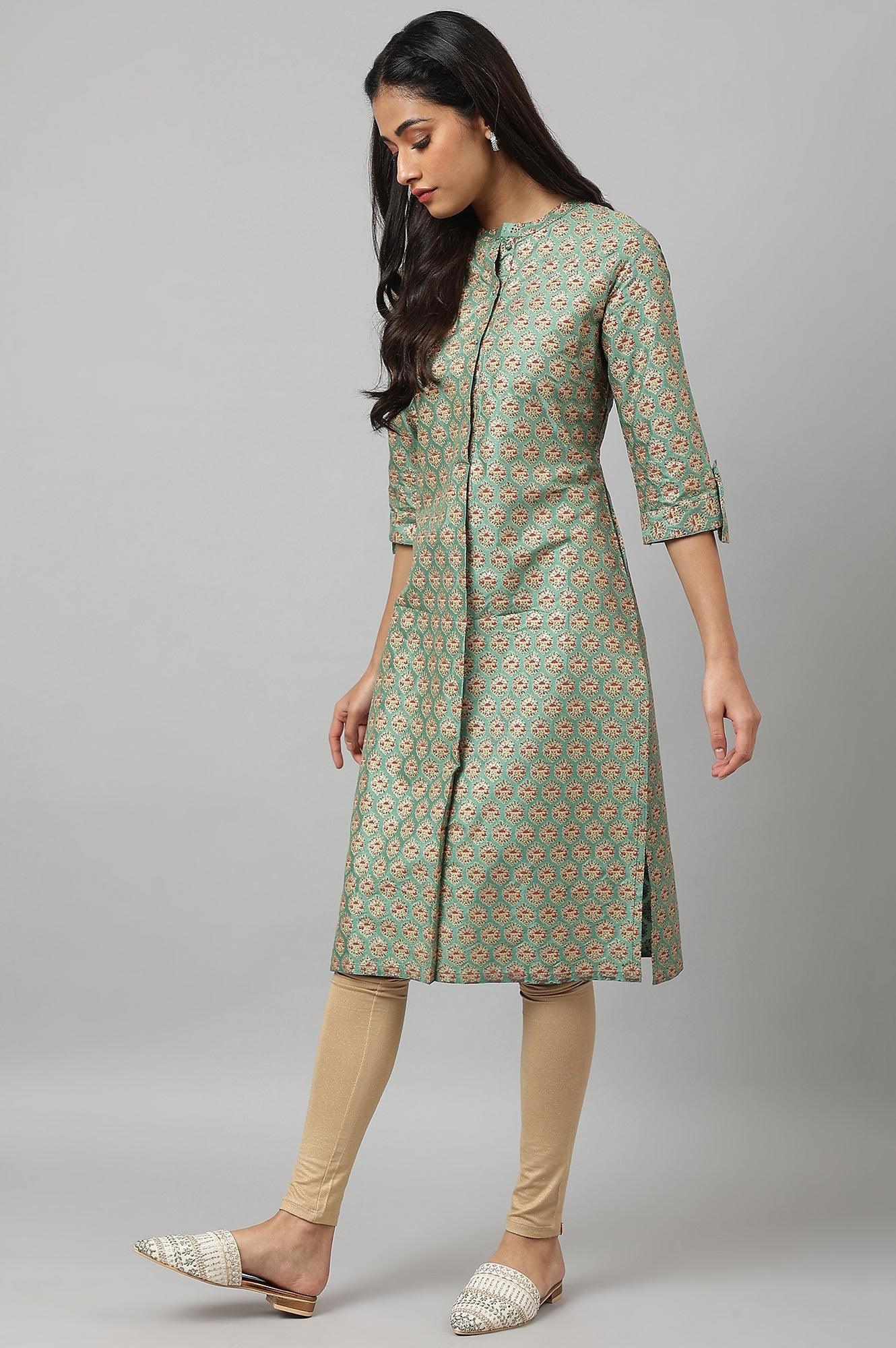 Green Glitter Printed kurta In Mandarin Collar - Image 3