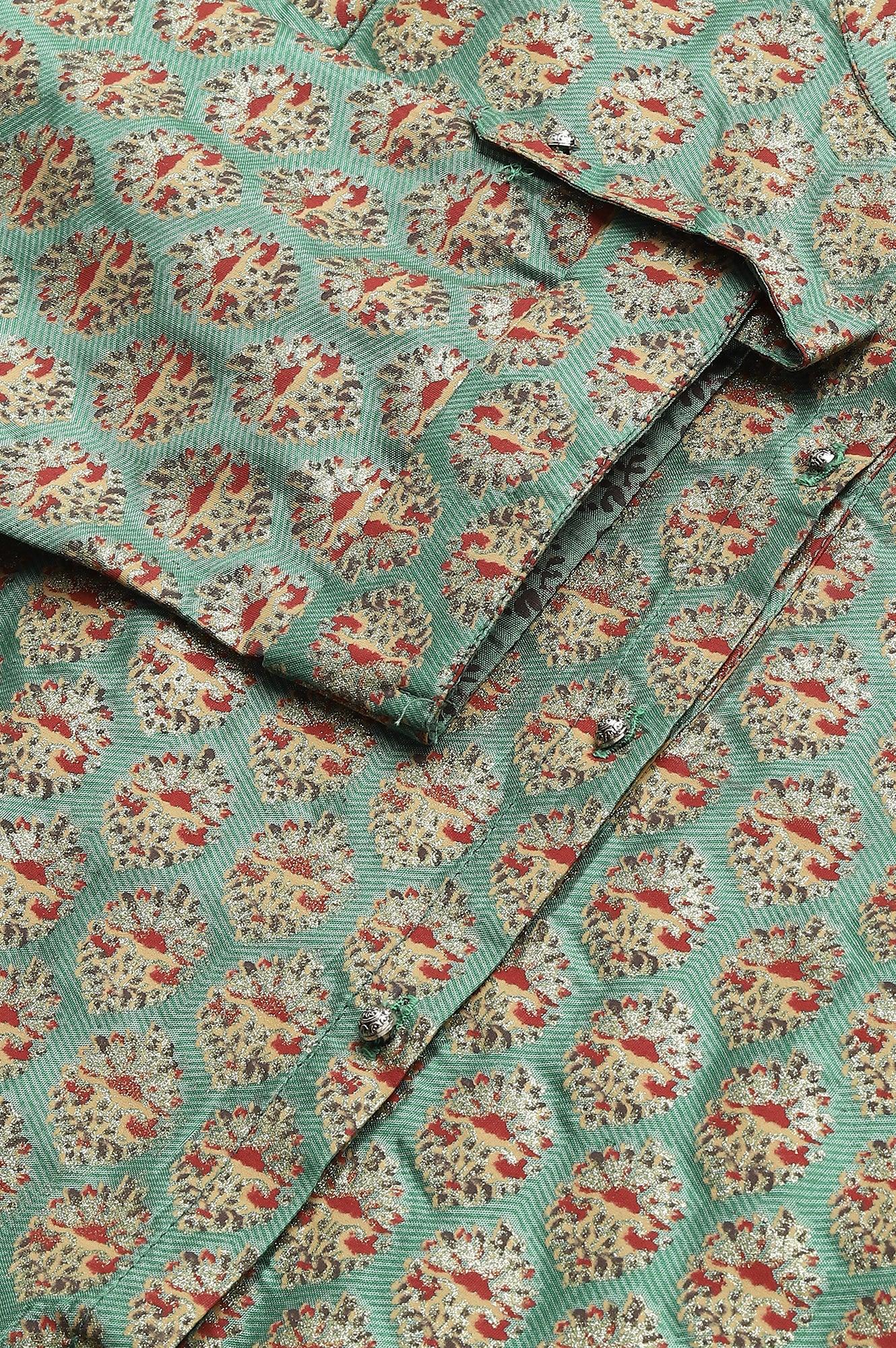 Green Glitter Printed kurta In Mandarin Collar - Image 8